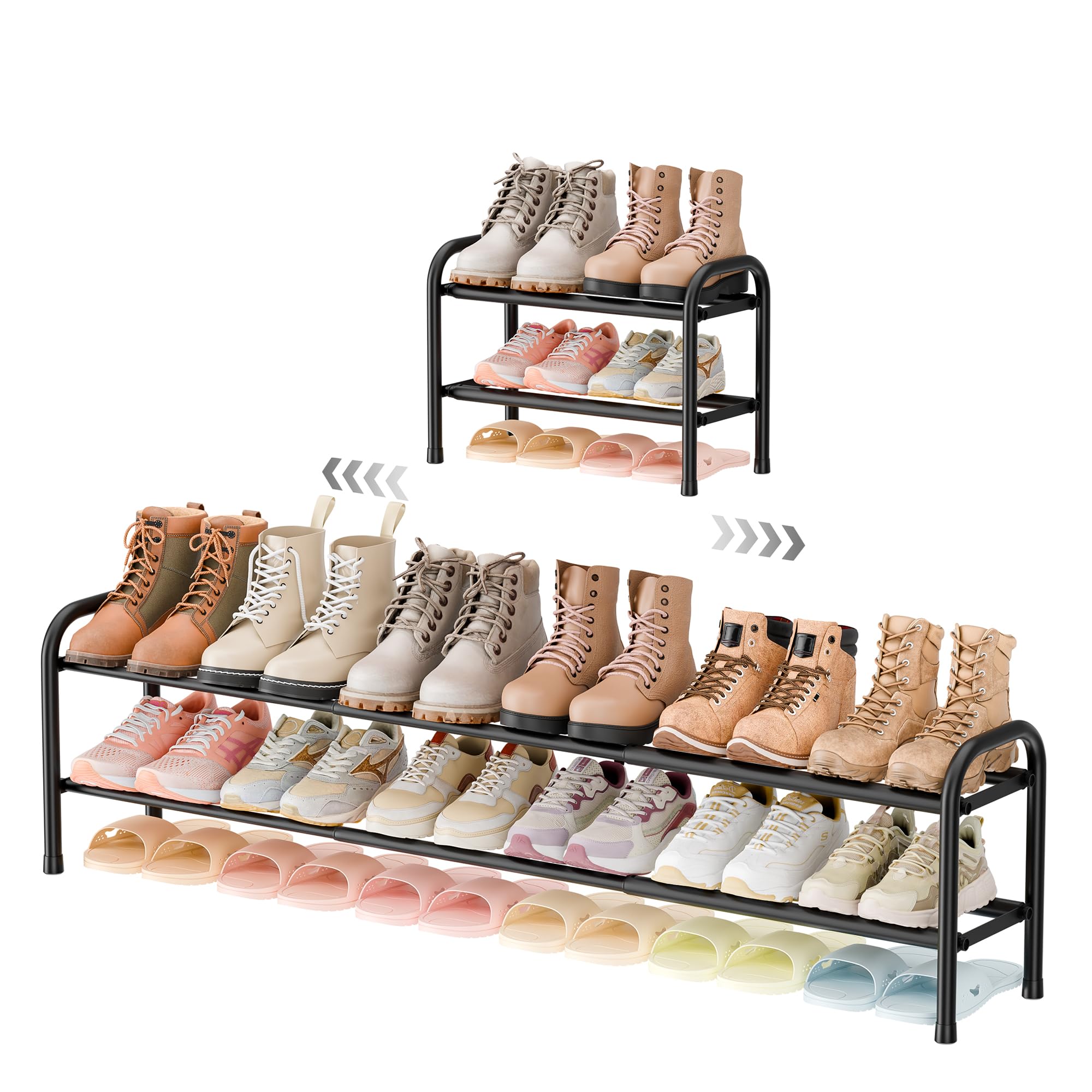 ENJOYBASICS Erweiterbares Schuhregal, 2-Etagen Verstellbarer Schuhorganizer für Kleiderschrank, 45-118cm Expandable Schuhregal Aus Metall in Schwarz für kleine Räume, Eingangsbereich