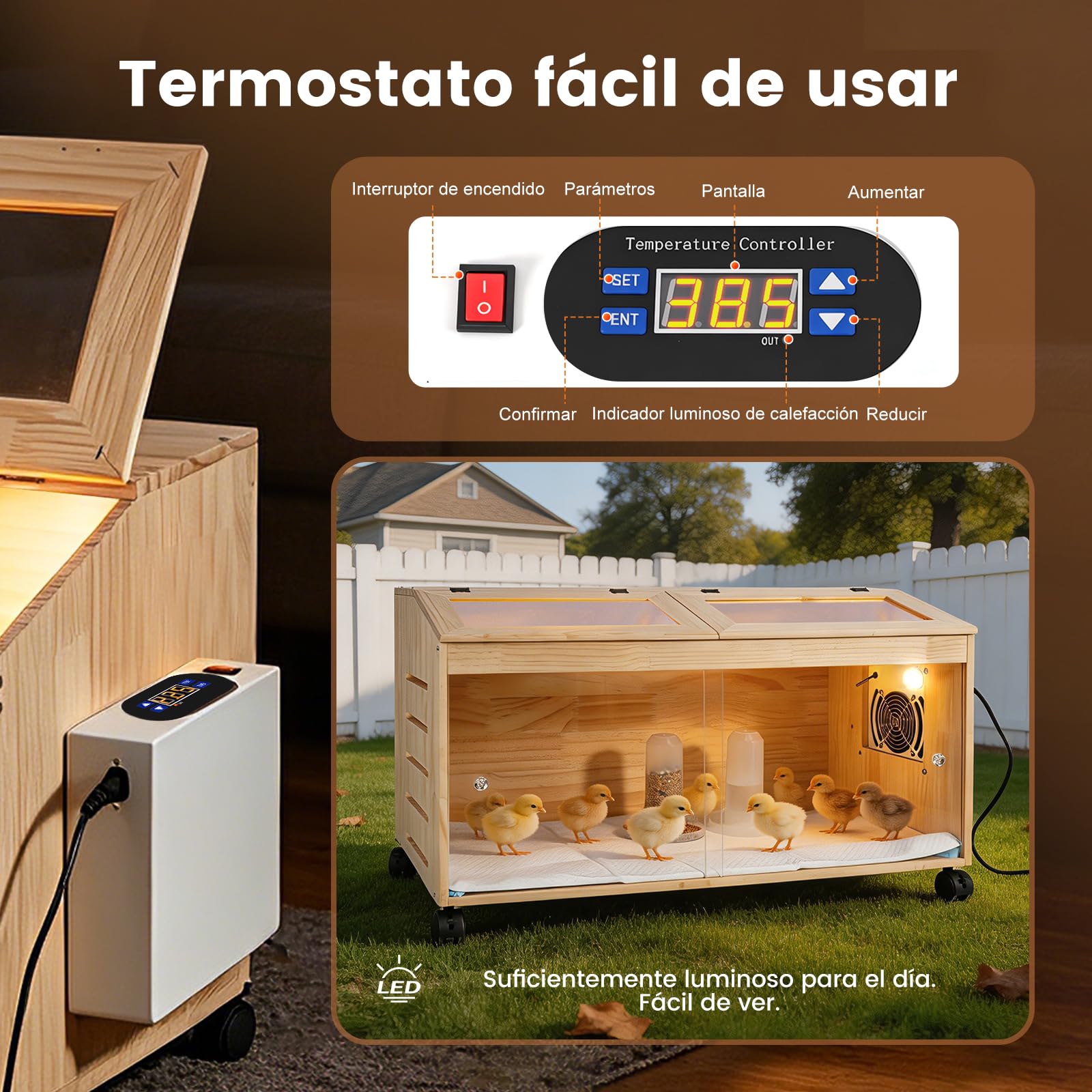 Criadora de Madera con termostato Inteligente,Caja incubadora de pollitoscon 4 Ruedas giratorias con Freno,Criadora con Puertas correderas,Incubadora fácil de Limpiar con ventilación para Pollitos