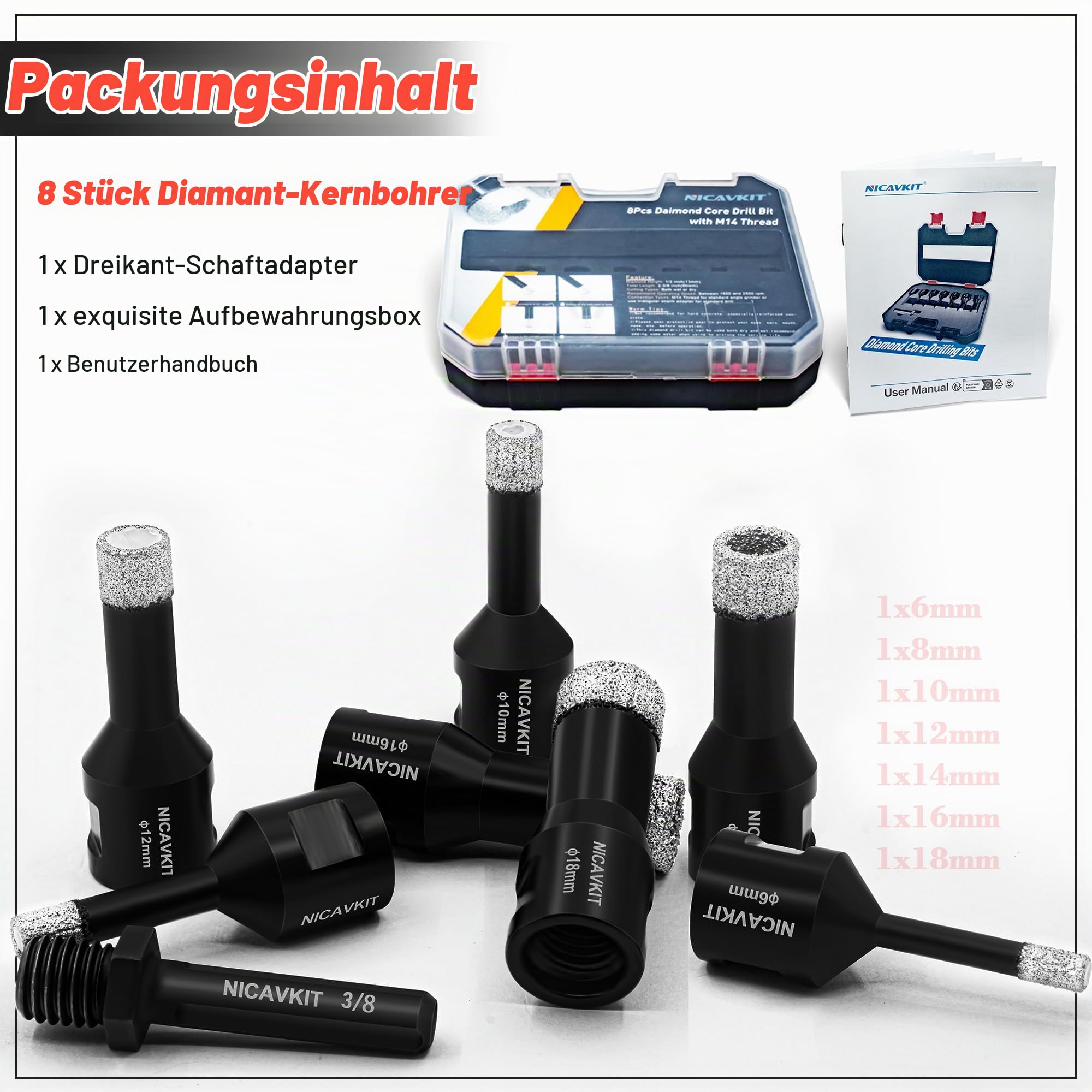 8Pcs Diamant Fliesenbohrer Set mit Adapter, M14 Diamant Lochsäge Bohrkrone Kit 6/8/10/12/14/16/18mm Diamantbohrer Set für Porzellan Fliese Granit Marmor Fliesen Bohren