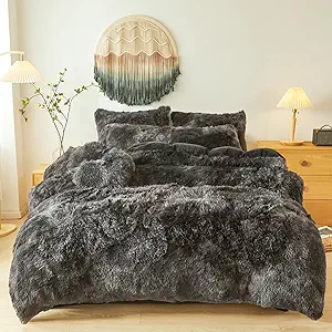 Fluffy Faux Fur Tie Dye Black Comforter Cover Twin Set – Plush Fluffy Tie Dye Black Bedding 2-Piece Set (1 Furry Duvet Cover + 1 Shaggy Pillow Sham) Cozy Bed Set