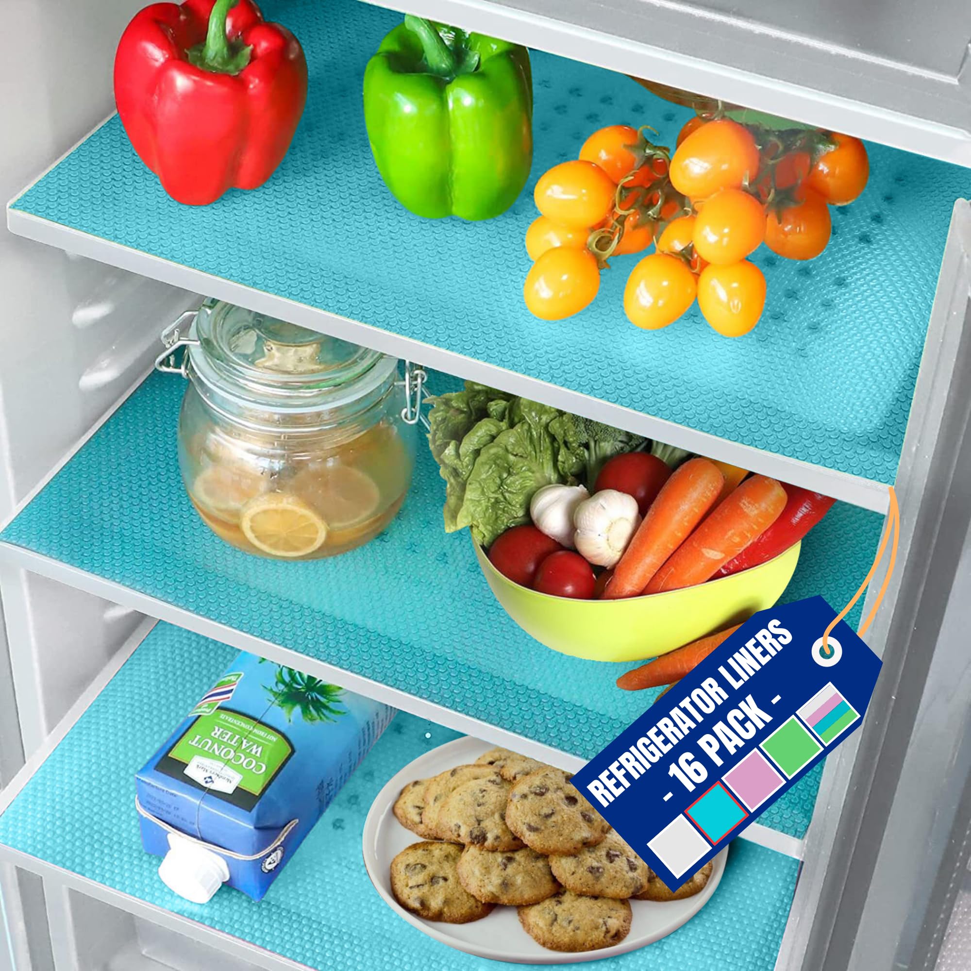 Refrigerator Liners (16 Pack) by Linda's Essentials | Easy to Clean Fridge Liner with Spill Protection, Versatile Refrigerator Shelf Liners and Drawer Liner | Non Slip BPA-Free Refrigerator Mats