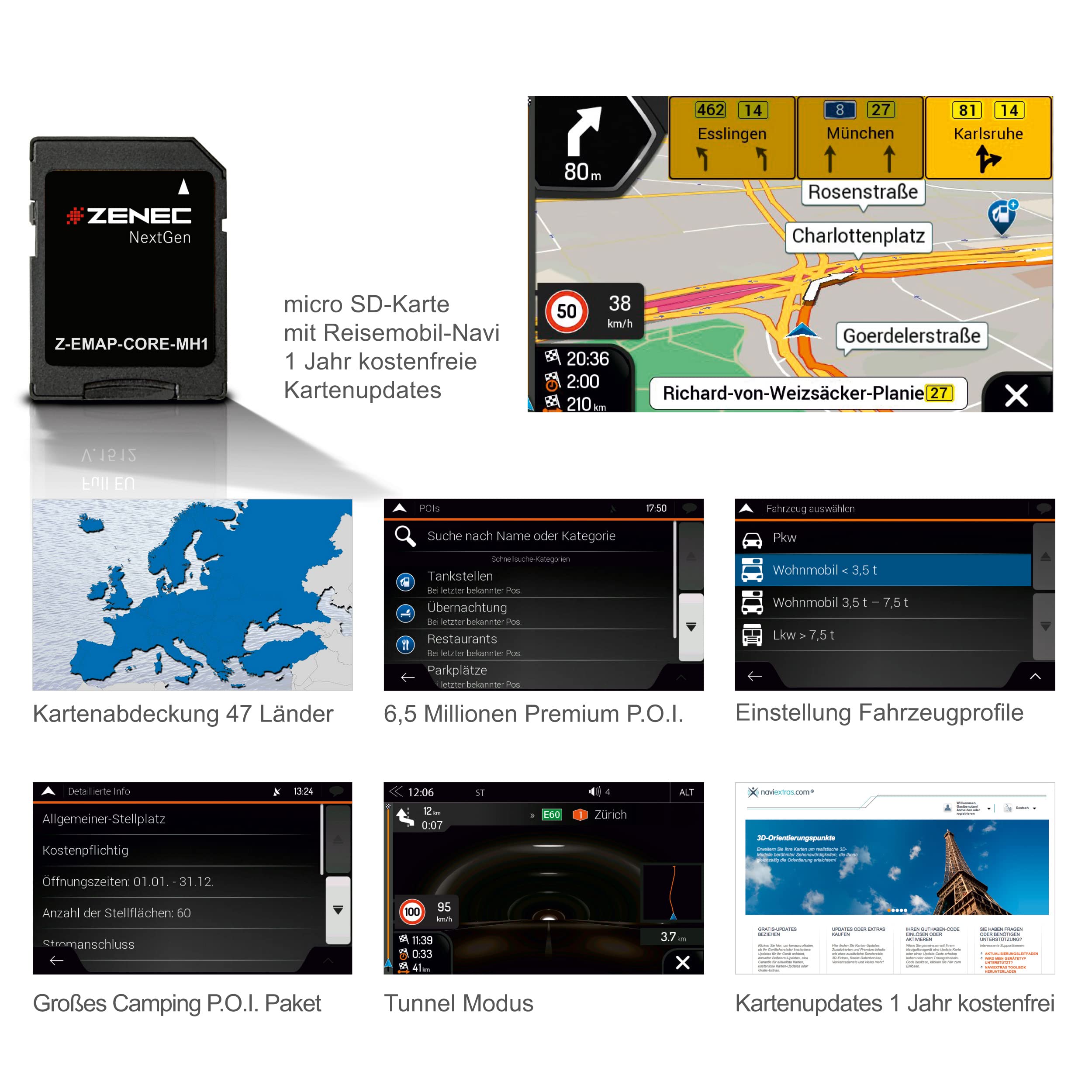 ZENEC Z-EMAP-CORE-MH1: Micro SD-Karte mit Reisemobil Navigation für alle ZENEC E>GO CORE Autoradios/Multimediasysteme, 3-D Karten für Europa, Camping P.O.I. für Wohnmobile