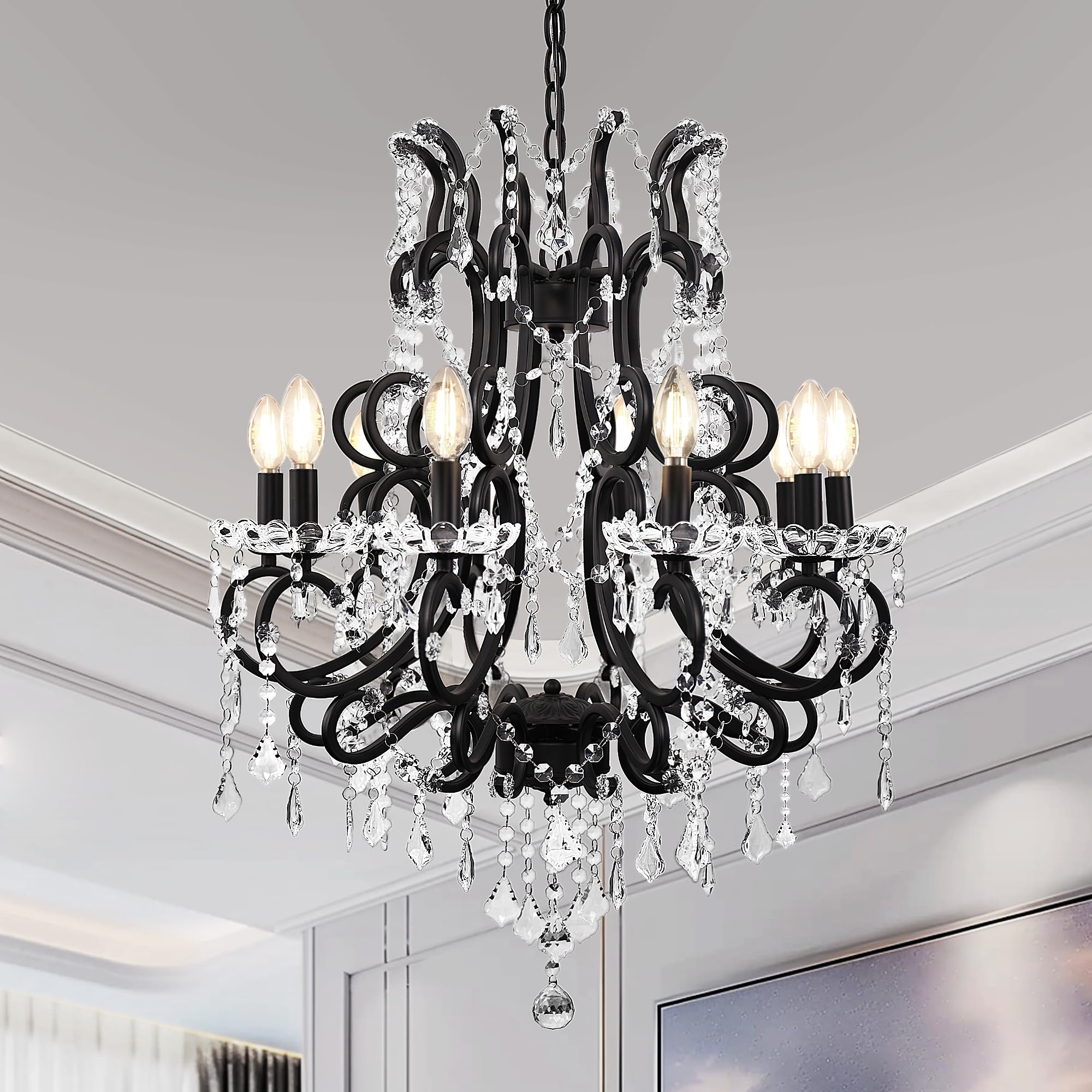 DORESshop 10 Lights Black Crystal Chandelier, Modern Chandelier Over Table, Crystal Light Fixture with Adjustable Chain for Living Room, Bedroom,