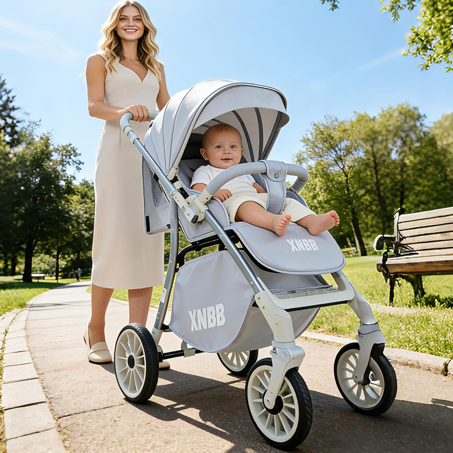 Baby Stroller, 2-in-1 Reversible Toddler Seat with Snack Tray, Foldable Infant Stroller with Canopy, One Button Brake, Adjustable Handle, Newborn Pushchair (Grey)