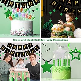 meowtastic Birthday Decorations, Happy Birthday Banner with Honeycomb Balls, Star Hanging Swirl Streamer, Circle Dot Garland, Happy Birthday Party Decorations for Women Men Boys Girls (Green & Black)
