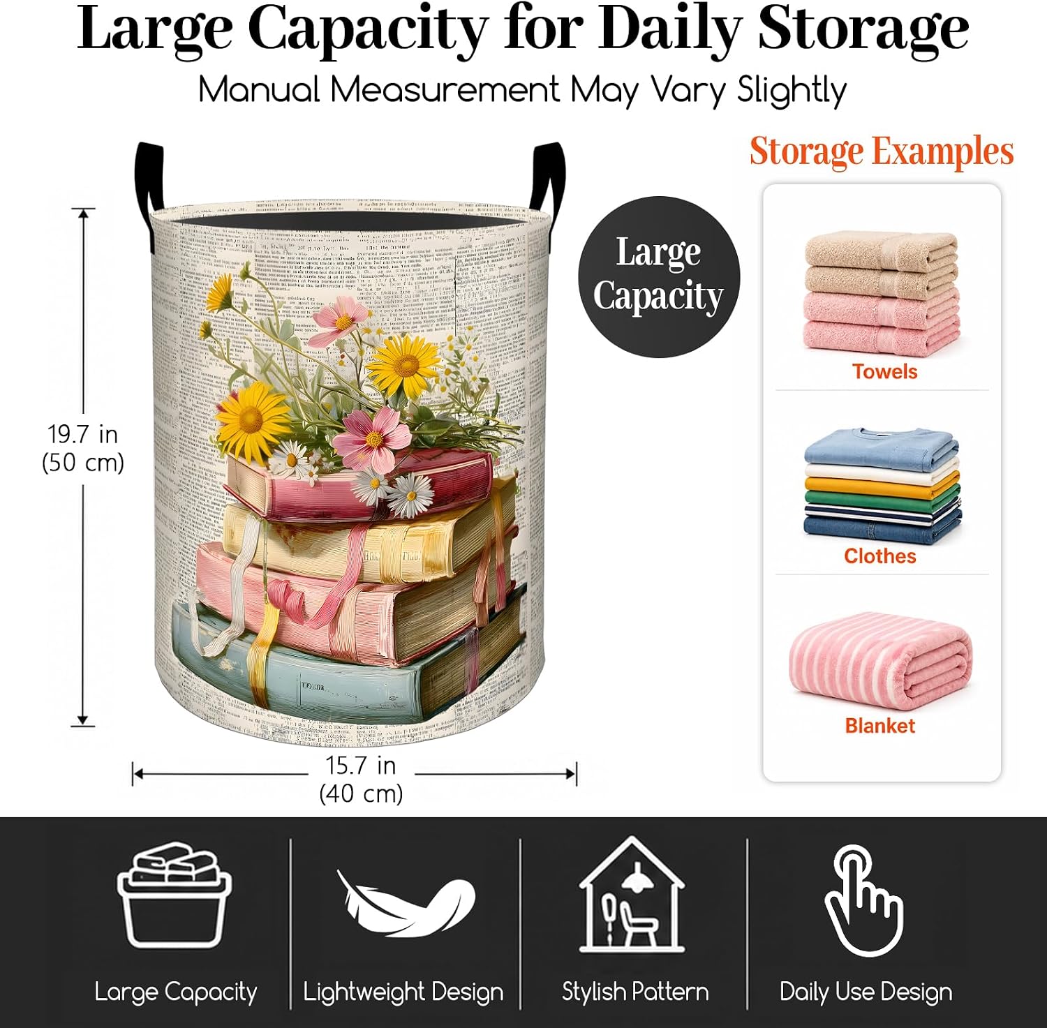 Vintage Book Flower Laundry Basket, Botanical Reading Dirty Clothes Hamper, Wildflower Book Foldable Waterproof Oxford Cloth Storage Bin, Gifts for Bedroom Bathroom Home Decor, 19.7" x 15.7"