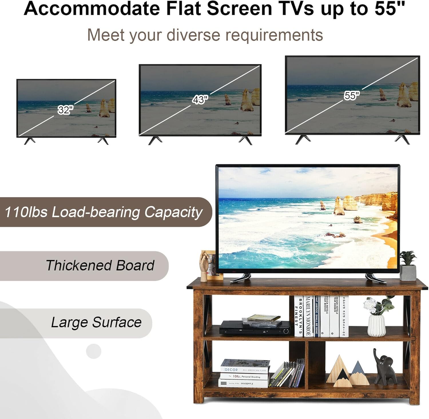 DORTALA 3-Tier TV Stand for TVs up to 55", Farmhouse Entertainment Center w/Open Shelves, Sturdy X Style Frame, TV Console Table for Living Room, Bedroom, Brown