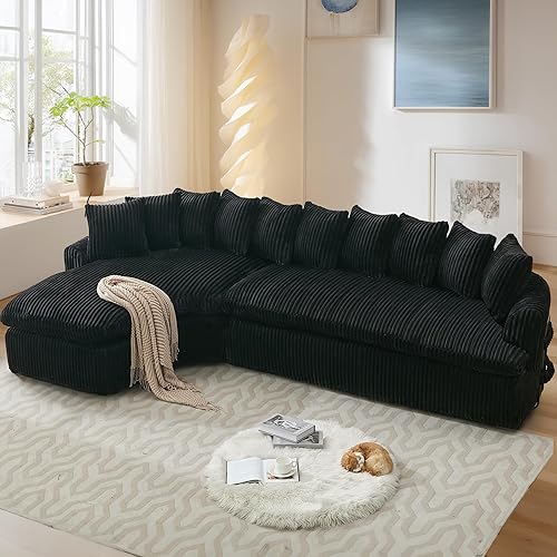 Sofás seccionales Cloud de 129 pulgadas para sala de estar, sofá curvado sin hueso, sofá esquinero tapizado de pana, color negro