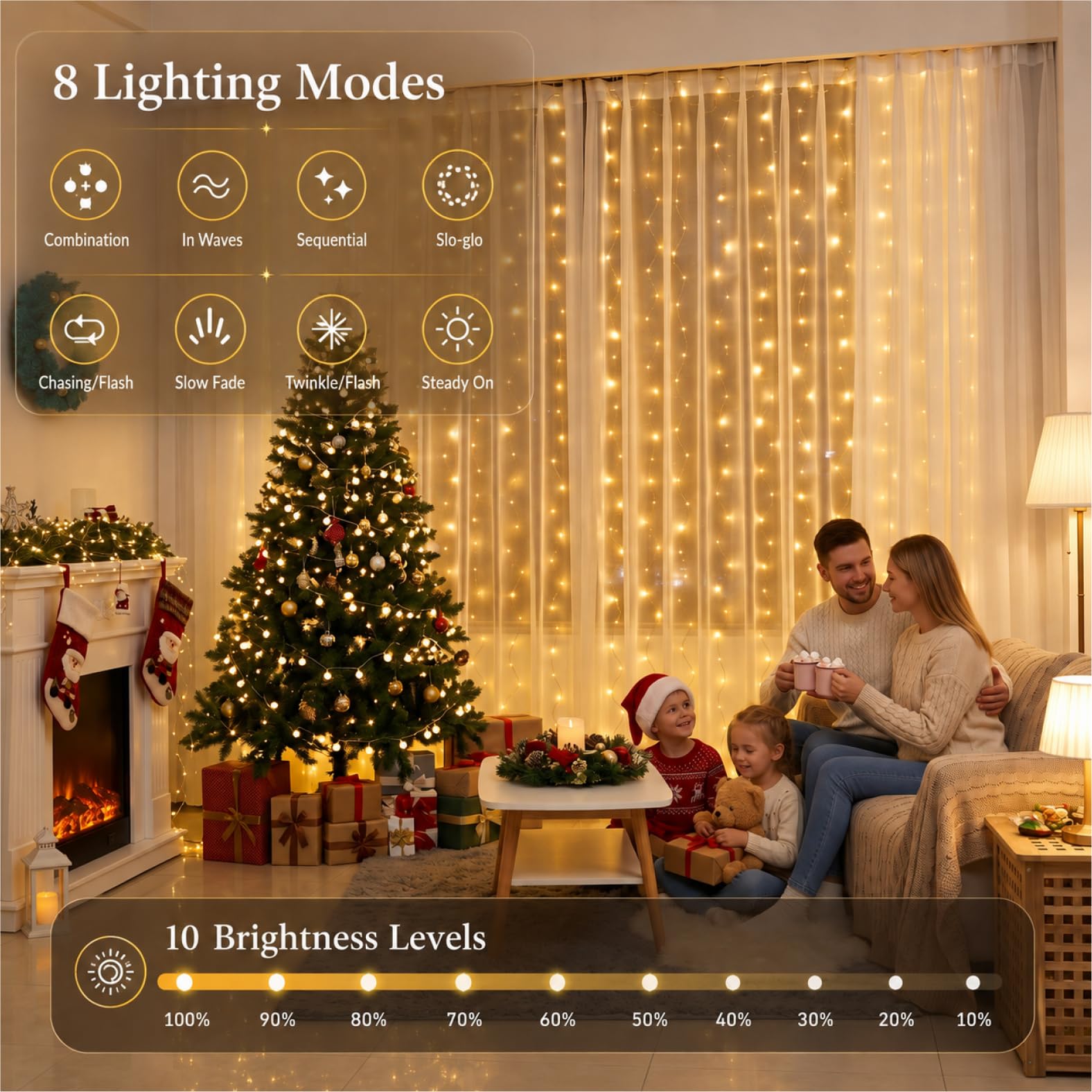 Cortina de luz blanca para dormitorio, 300 LED de 1010 pies con 16 ganchos, 8 modelos de mando a distancia, ventana con USB para decoración de boda, fiesta, hogar, jardín, interior