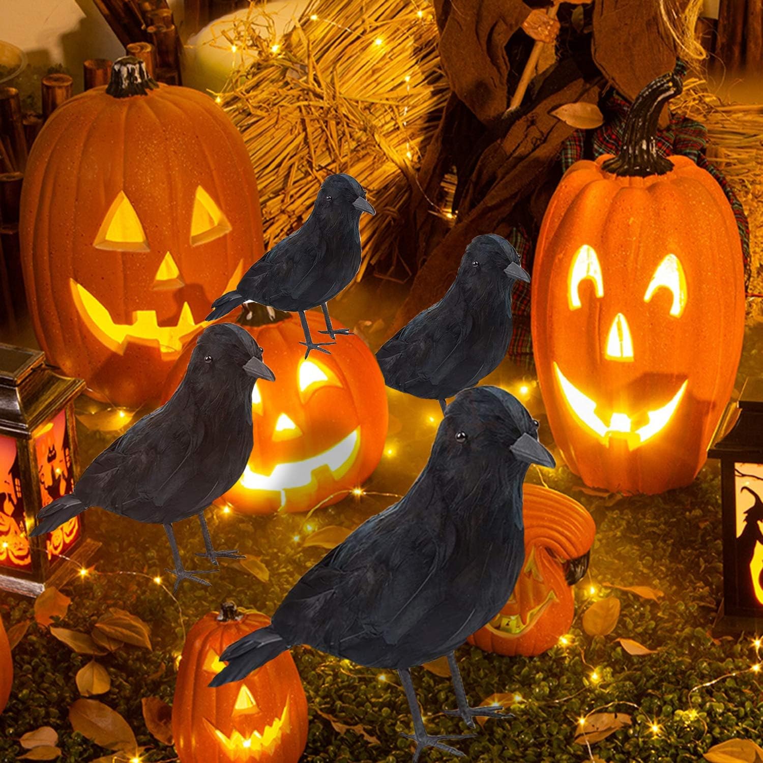 CREPRO Halloween Black Crows Large Realistic Feathered Crows Artificial Crow Halloween Handmade Feathered Crow for Halloween Indoor Outdoors Ravens Birds Decoration (8-12 inch)