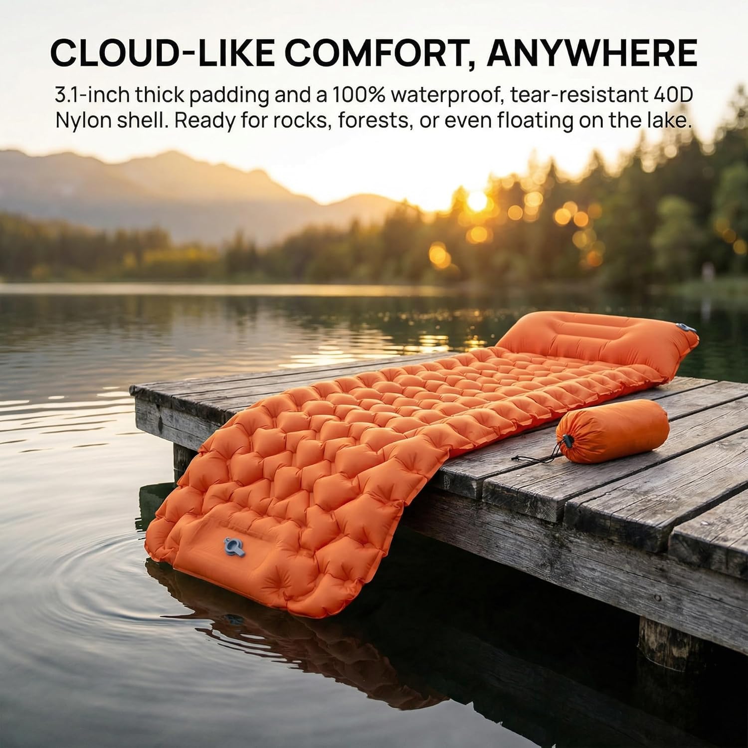 Memory Foam Camping Pad - Self-Inflating Travel Air Mattress, Lightweight Portable Chill Pad for Bed, Car, and Outdoor Activities (Blue)