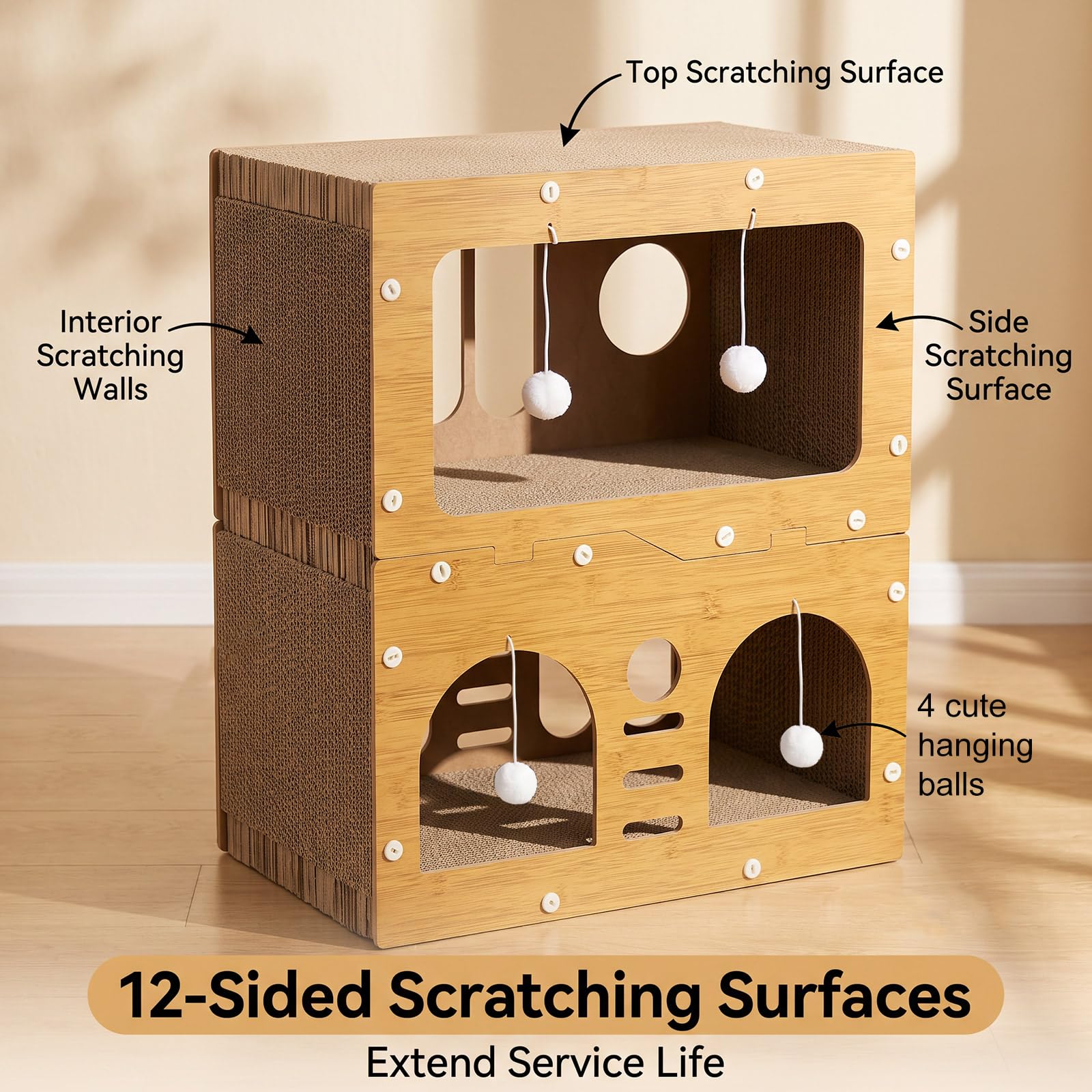 Griffoir pour chat, maison pour chat en carton à 2 étages avec balle suspendue, griffoir pour l'intérieur, grand espace pour chat, meubles pour chats multiples, empêche les dommages aux meubles – 51 x