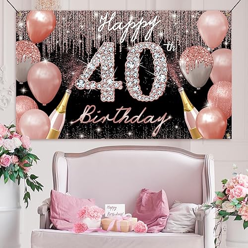 Miniatura 5 de Cartel de fondo de feliz cumpleaños 40, decoración de cumpleaños 40 para mujer, oro rosa, cartel de fiesta de cumpleaños de 40 años, cartel de fondo