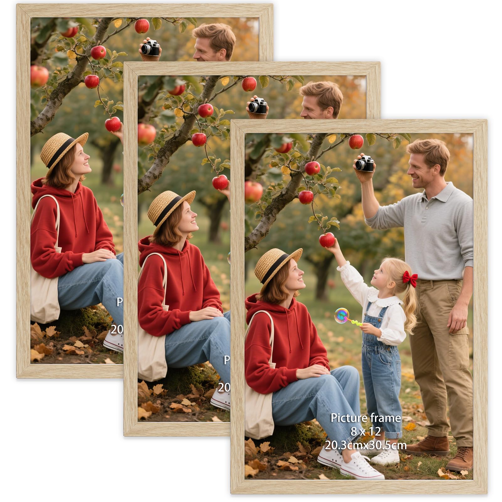 Vasemouh 12x8 Photo Frame Pack of 3, Natural Wood Color 8x12 Picture Frame, Tabletop or Wall Hanging for Home, Gallery or Office Decor