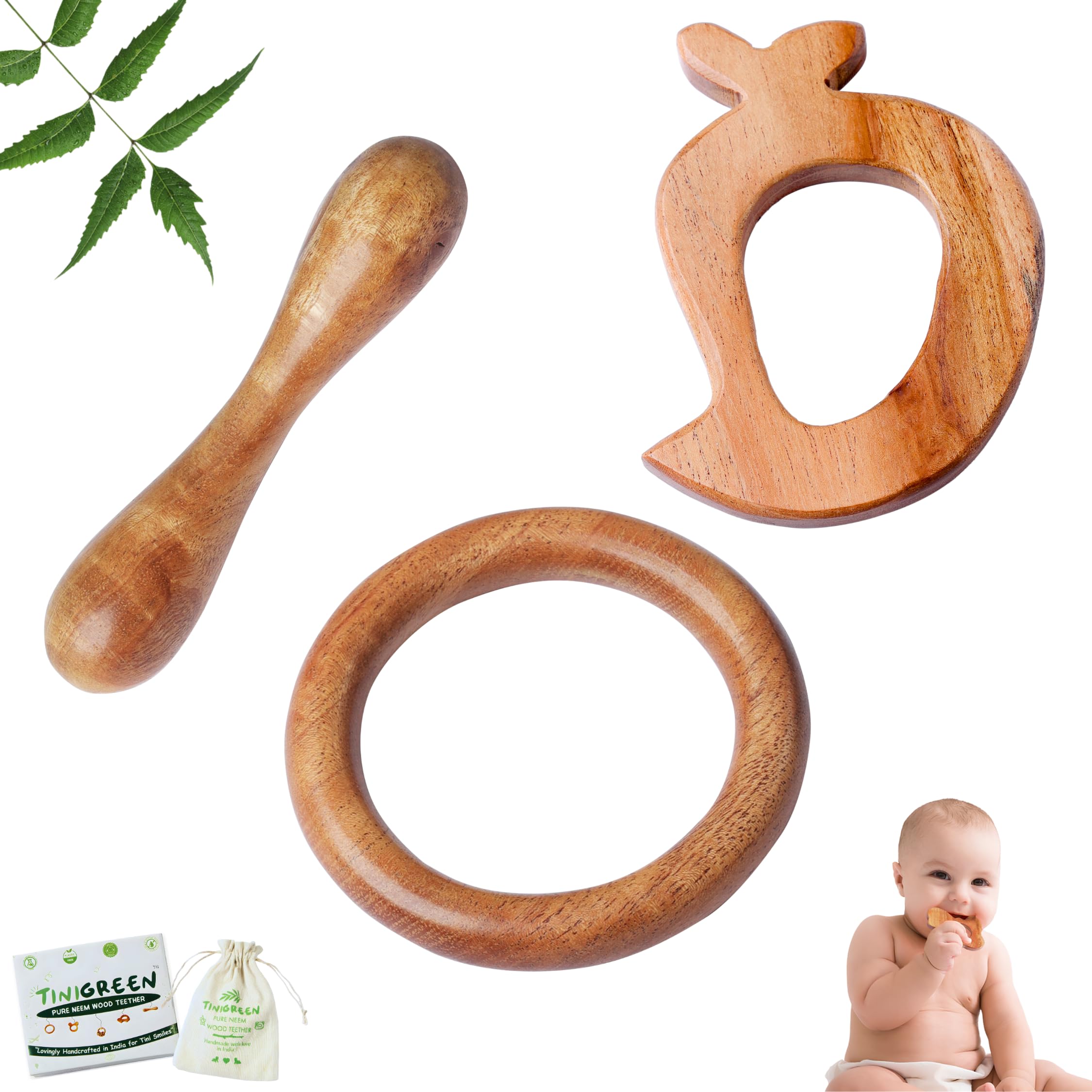 Neem Wooden Baby Teether Fruit & Ring Shape Dumbbell Shape Organic Neem Wood Teething Toy for Infants 3–12 Months Handcrafted Natural Baby Teether (Pack of 3)-image-2