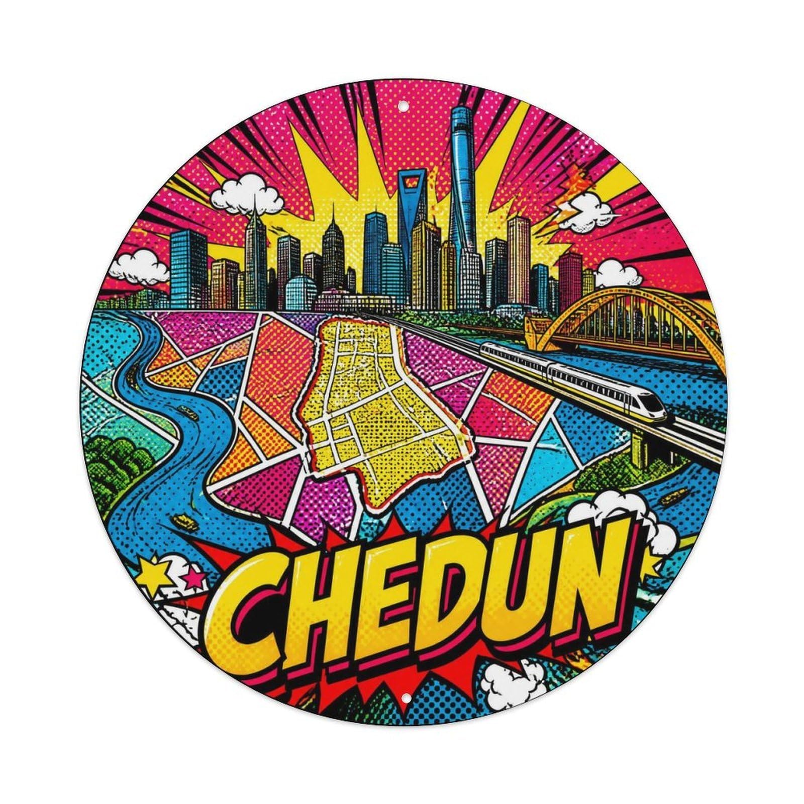 Okngb Style City Route Shanghai Chedun District Memphis Geometry Metal Tin Sign Plaque Wall Decor For Cafe, Man Cave, Club Bar, Office, Home Garden Round Metal Poster 8X8inch