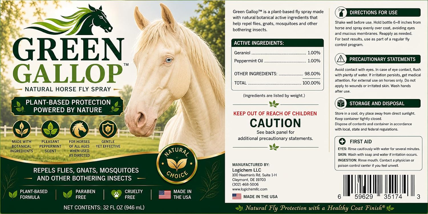 Green Gallop™ Natural Equine Fly Spray | Botanical Formula | Coat Conditioning Formula | 32 fl oz