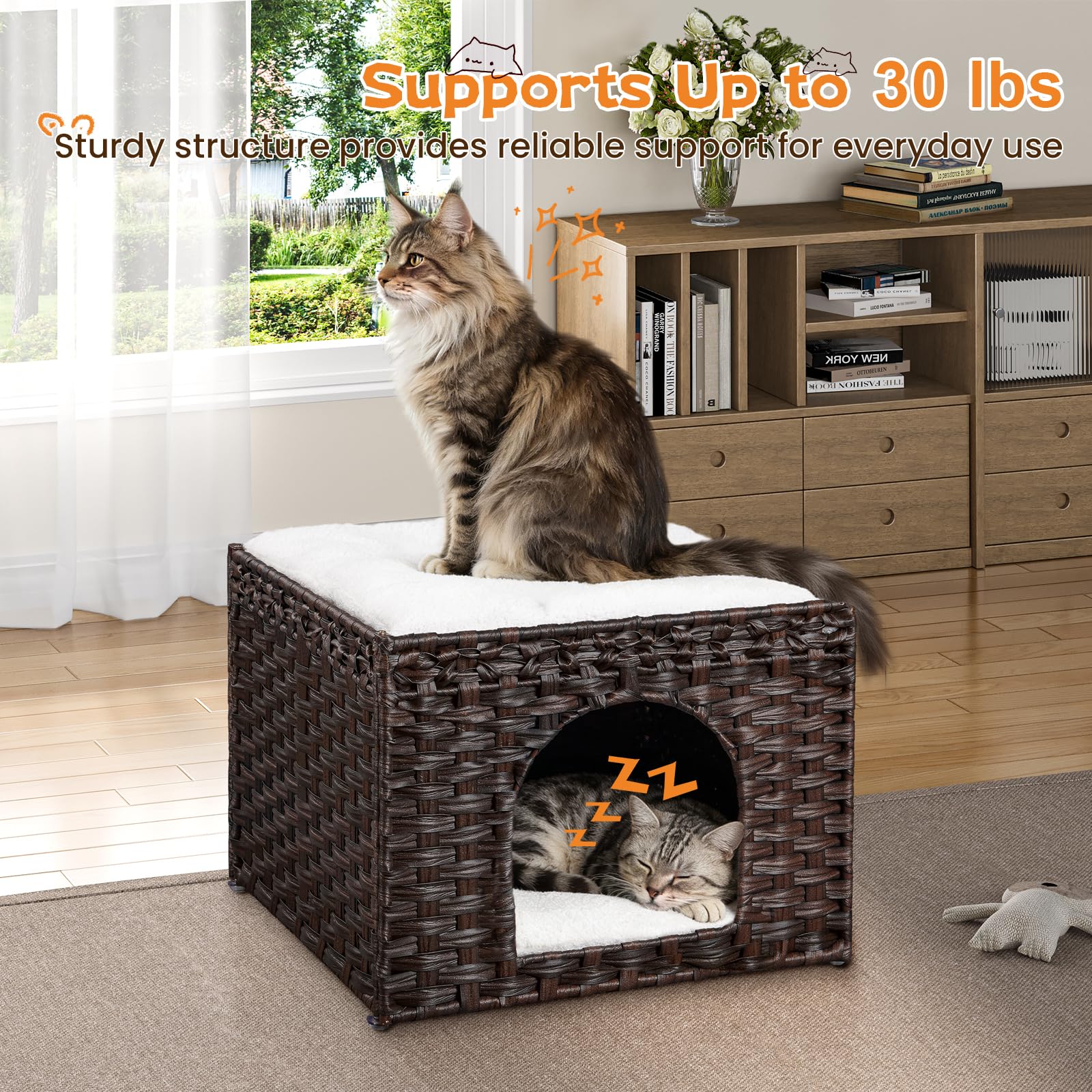 Snughome Handgewebtes Rattan-Katzenbett - Indoor Faltbare Katzenhöhle mit 2 abnehmbaren Bettmatten Großes Kätzchenhaus Versteck Haustierwürfel 16,54 x 16,54 x 12,6 Zoll Braun für Wohnzimmer