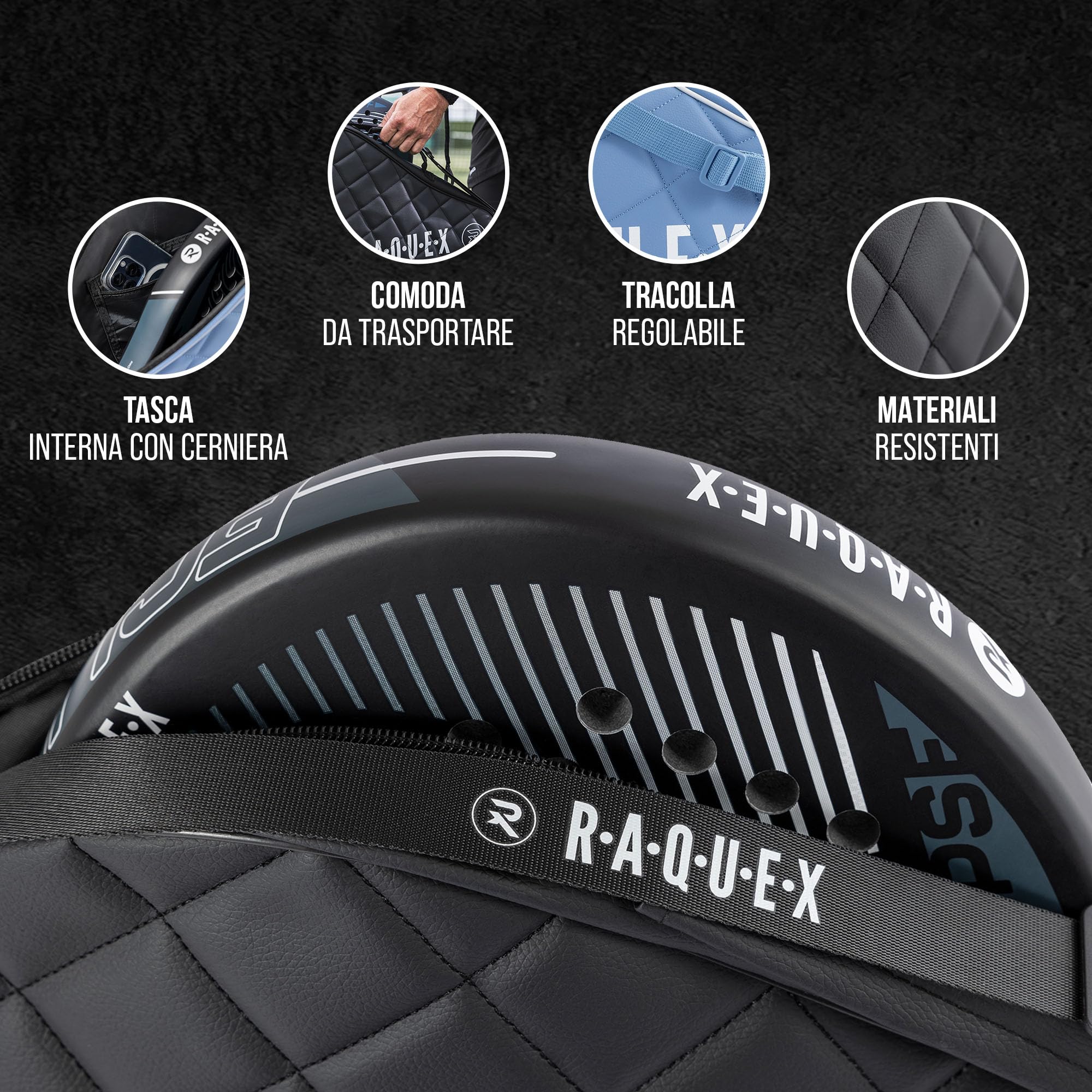 Raquex Elite - Custodia per Racchetta da Padel - Nero o Blu, per 1 Racchetta. Borsa da padel trapuntata in pelle sintetica, per uomo e donna, imbottita, regalo di lusso