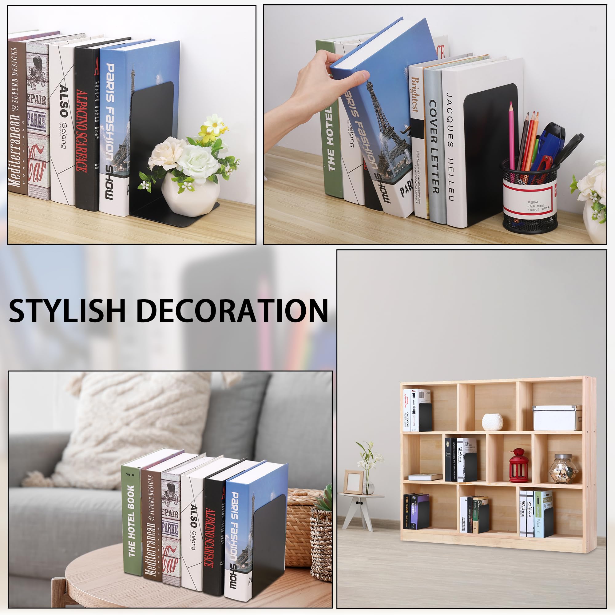 Fermalibri in Metallo Antiscivolo 2 Paia 4 Pezzi 10x13x20 cm per Mensole Ufficio Casa Scuole Nero