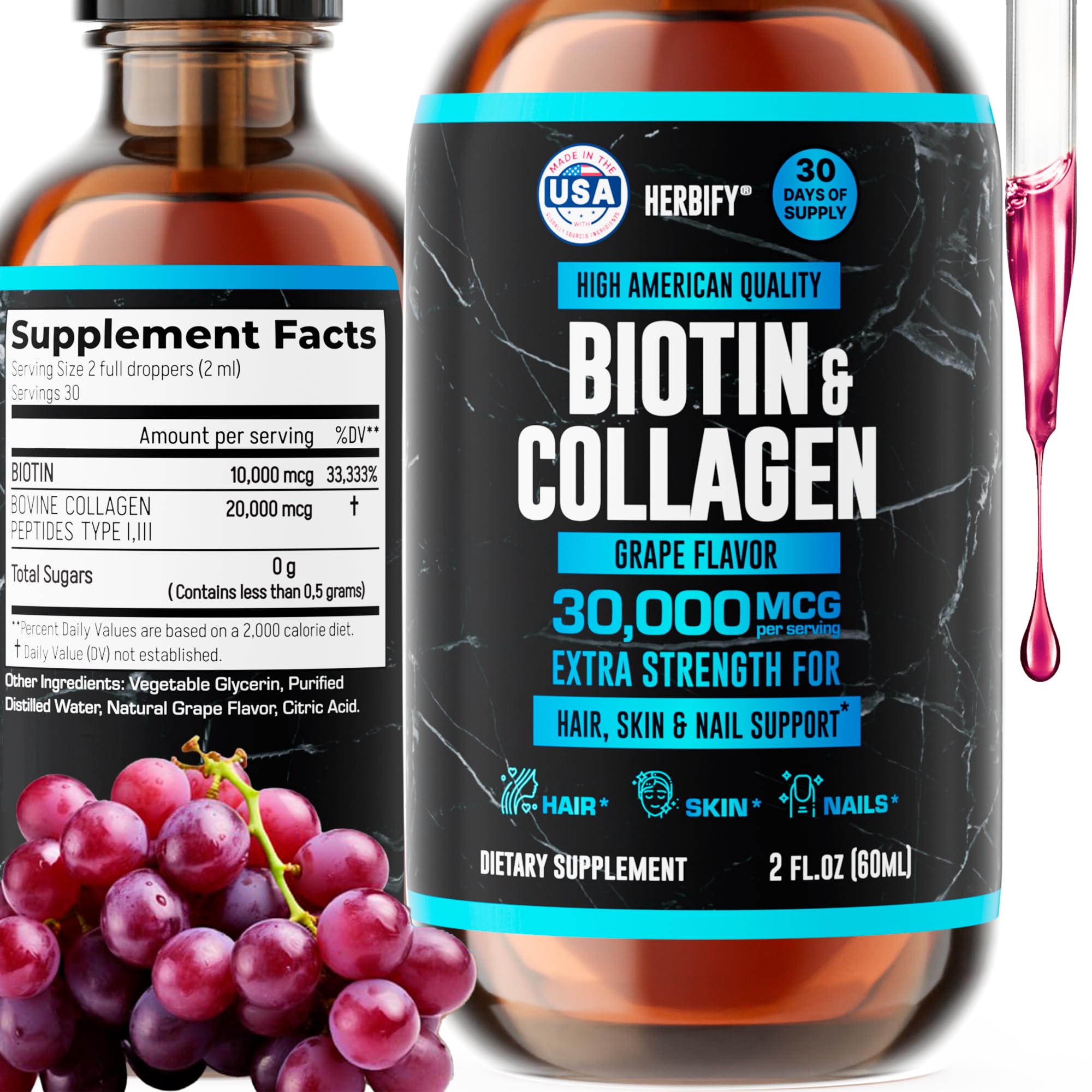 HERBIFY Collagen and Biotin Liquid Drops - Faster Absorption Supplement for Hair Growth and Stronger Nails - Hair Skin and Nails Vitamins for Women and Men - B7 Supplement - Made in USA