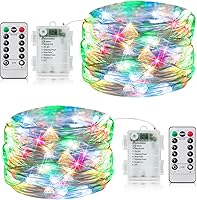Vista 1 de Luces de cadena para exteriores de 33 pies con 100 LED, paquete de 2 luces de hadas que funcionan con baterías con control remoto, luces