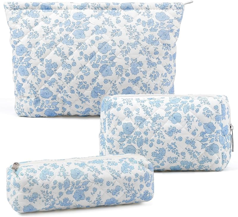 Conjunto com 3 necessaires de maquiagem Gocvo com zíper, estampa xadrez Blue Flower