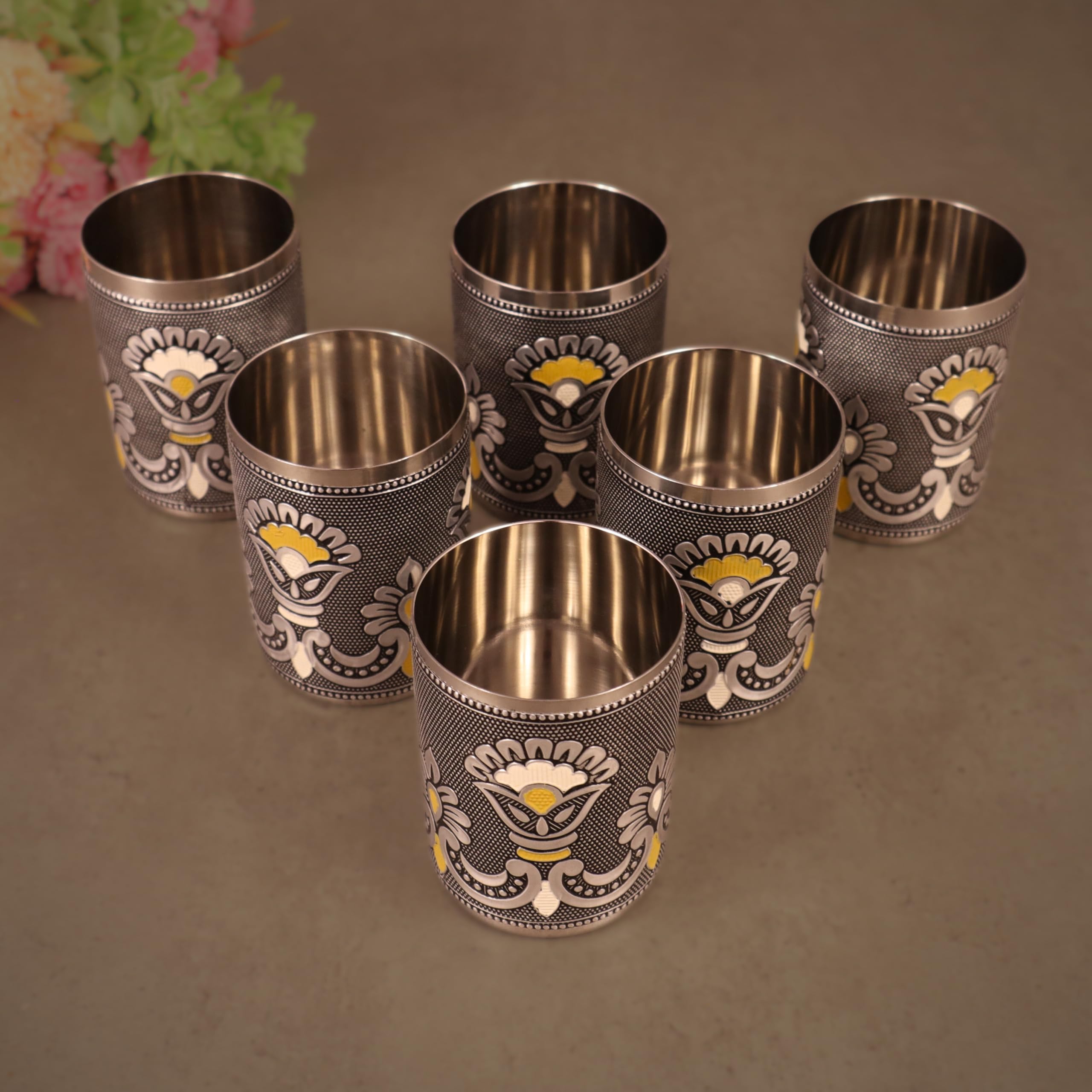 Giftguys Meenakari Stainless Steel Glass Set of 6 – Traditional Indian Handcrafted Drinking Glasses for Water, Juice & Beverages – Reusable, Durable Kitchen Drinkware for Home & Gifting