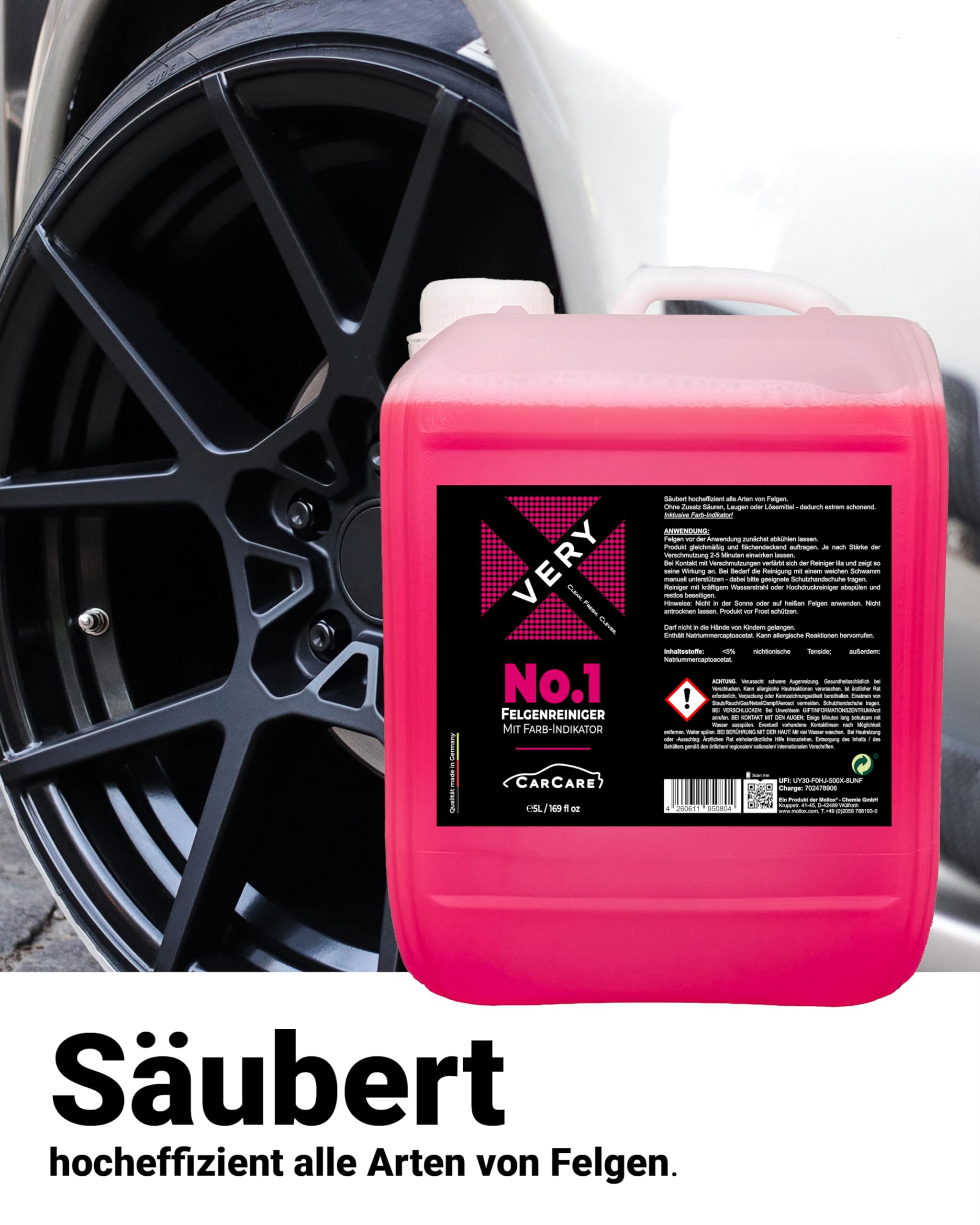 VERY No.1 Felgenreiniger 5L inkl. Farbindikator - Konzentrierter Felgenreiniger Alufelgen & Felgen aller Art, Alufelgen Reiniger ohne Zusatz von Säuren