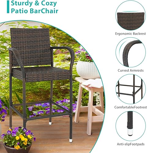 Miniatura 4 de LEMY Taburetes de bar para exteriores, juego de 2 sillas de mimbre para patio, muebles de ratán para interiores con reposabrazos para jardín,
