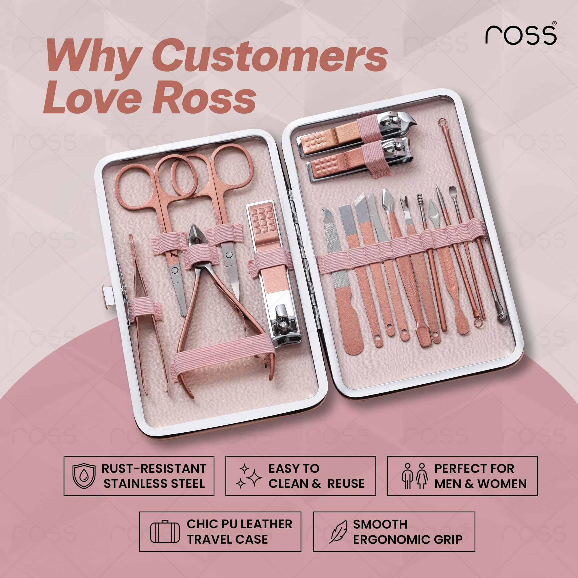 Ross Manicure & Pedicure Kit – Professional Stainless Steel Grooming Set with Nail Clippers, Cuticle Trimmer, Scissors & Tweezers – Travel-Ready Care Kit for Men & Women (18-in-1 Pink) 2