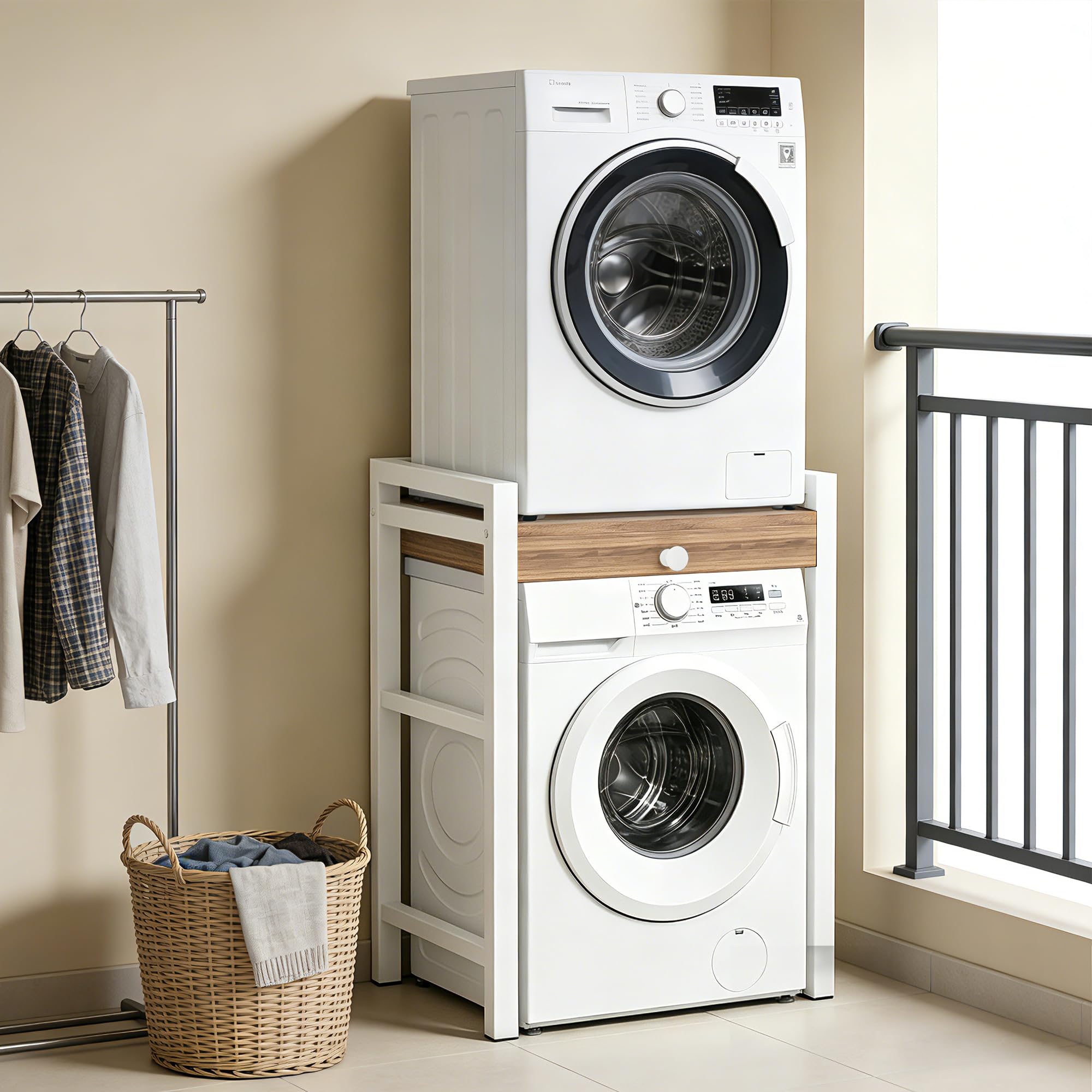 Estantería para lavadora, lavadora, secadora, armario de 3 alturas ajustables sobre lavadoras, capacidad de carga de 350 kg, armario para cuarto de baño, balcón (blanco con estante)