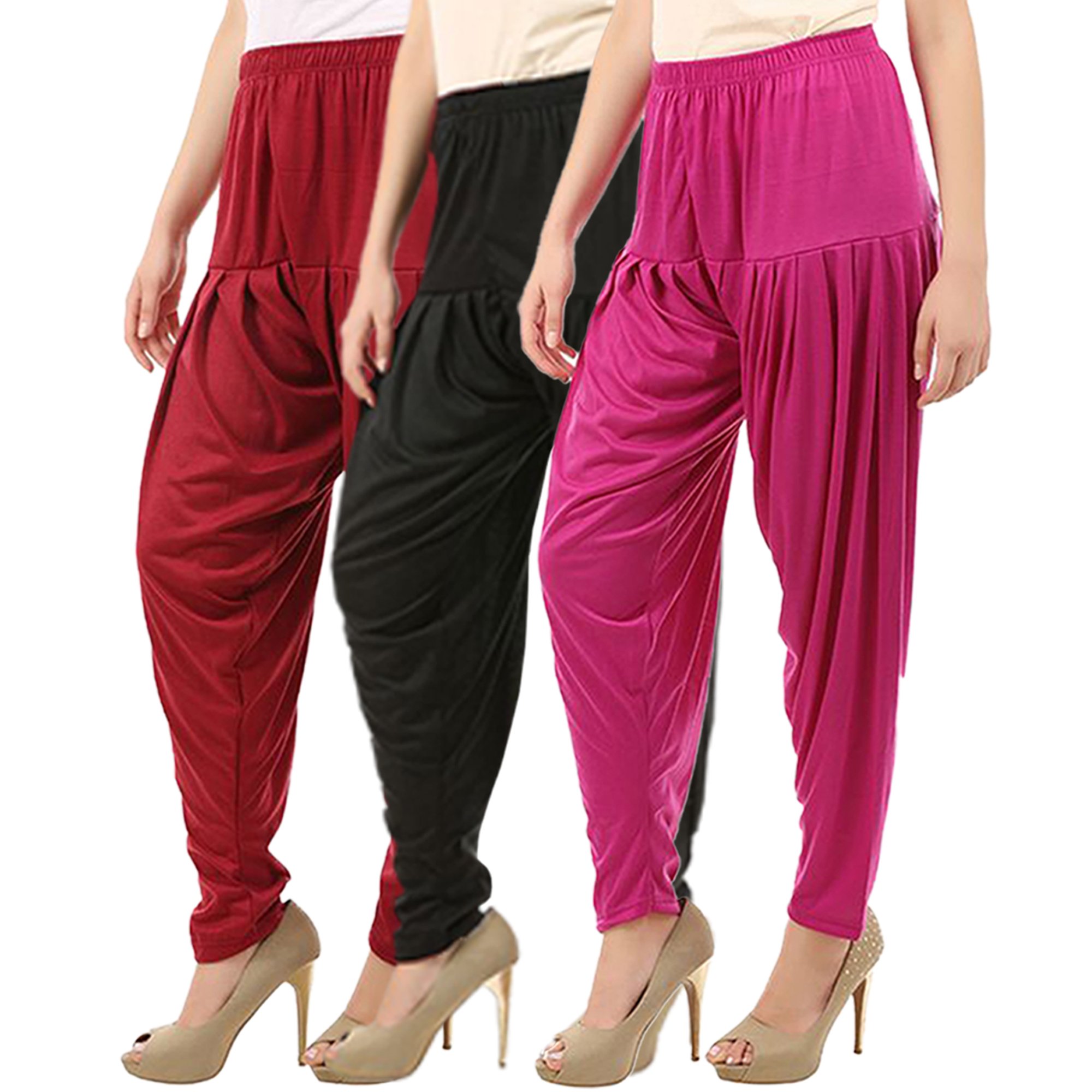 Buy That TrendzWomen's Relaxed Fit Cotton Viscose Lycra Dhoti Patiyala Salwar Harem Bottom Pants White-Rani Pink-Black