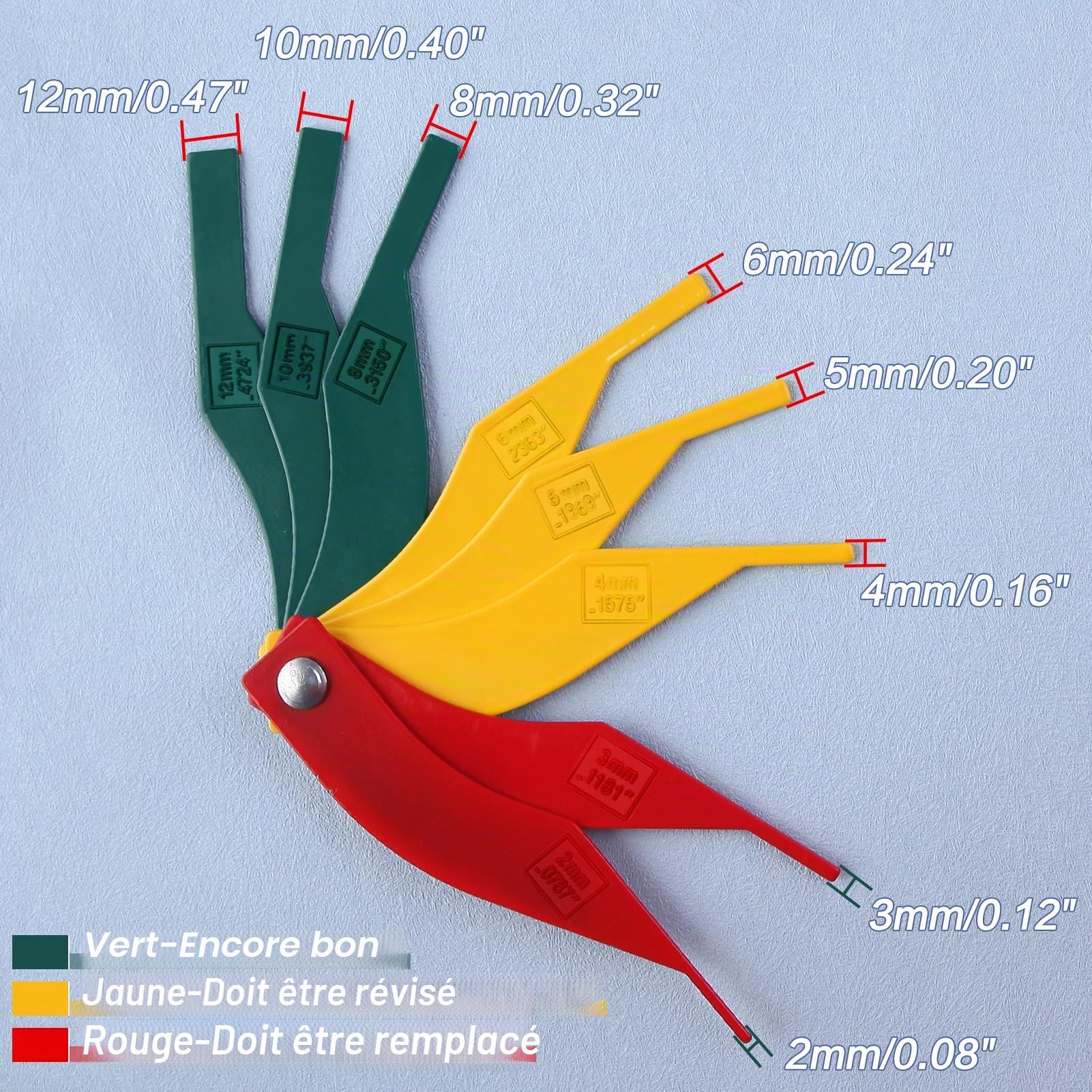 SPEEDWOX Lot de 8 jauges d'épaisseur de garniture de frein SAE et métriques pour voiture, camion et bus - Code couleur - 2 mm à 12 mm