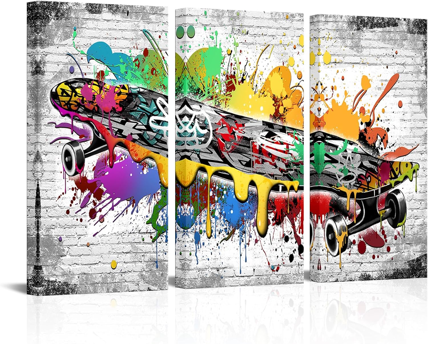 Biuteawal Large 3 Piece Skateboard Picture Graffiti Sports Canvas Wall Art Teen Boys Bedroom Wall Decor Modern Cool Skateboard Artwork Man Cave Decoration