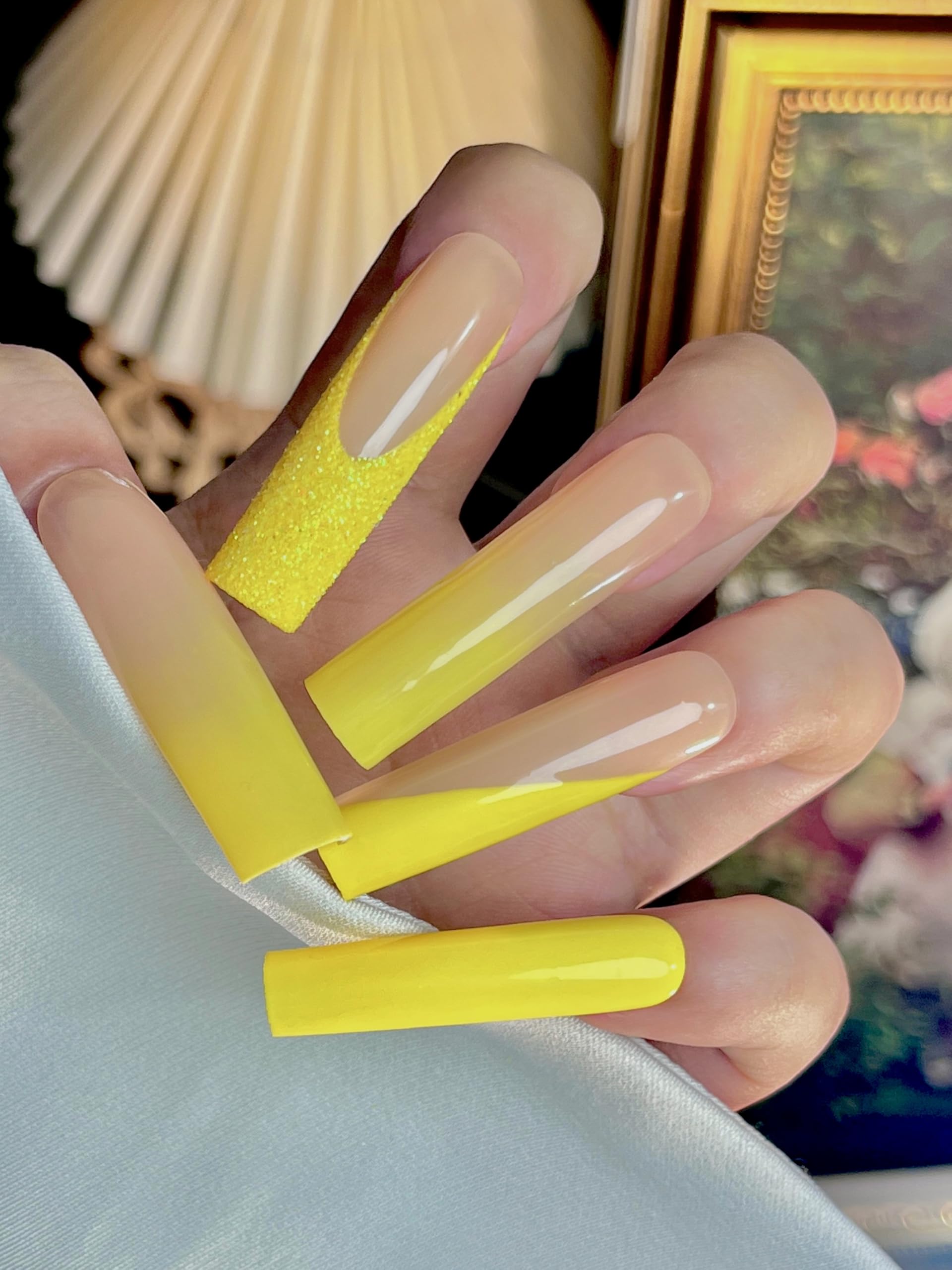 HAND-PAINTED White Press Ons Neon Small Press on Nails Long French Press on Nails Coffin Medium Short Nail art Fake Nail Art Kit with 7g Glue on Nails