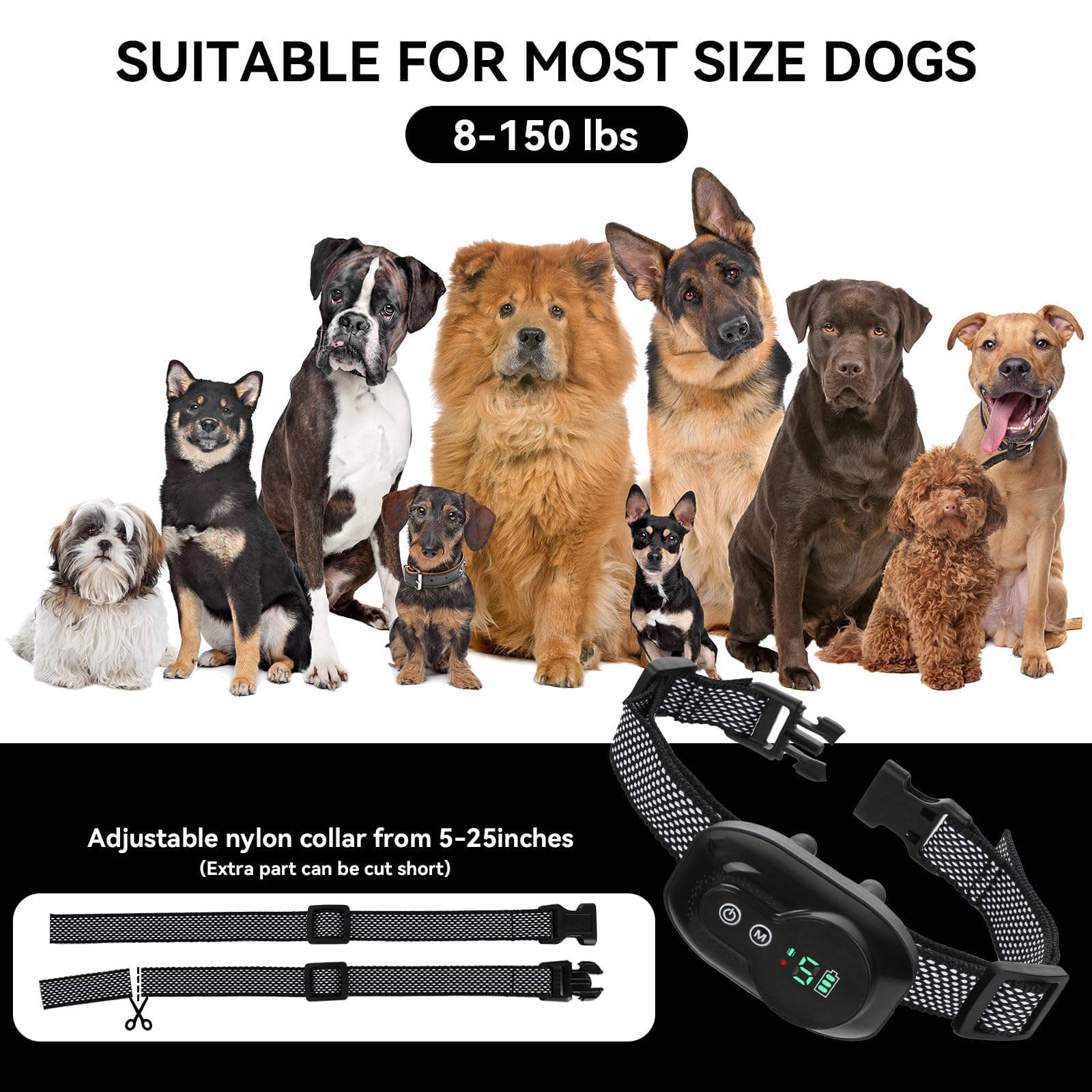 Collare Antiabbaio per Cani - IP67 impermeabile Collare Intelligente Ricaricabile con Vibrazioni Sicure/Rafforzare Vibrazioni e Suoni Innocua Collare Addestramento per Cane Piccolo/Medio/Grande