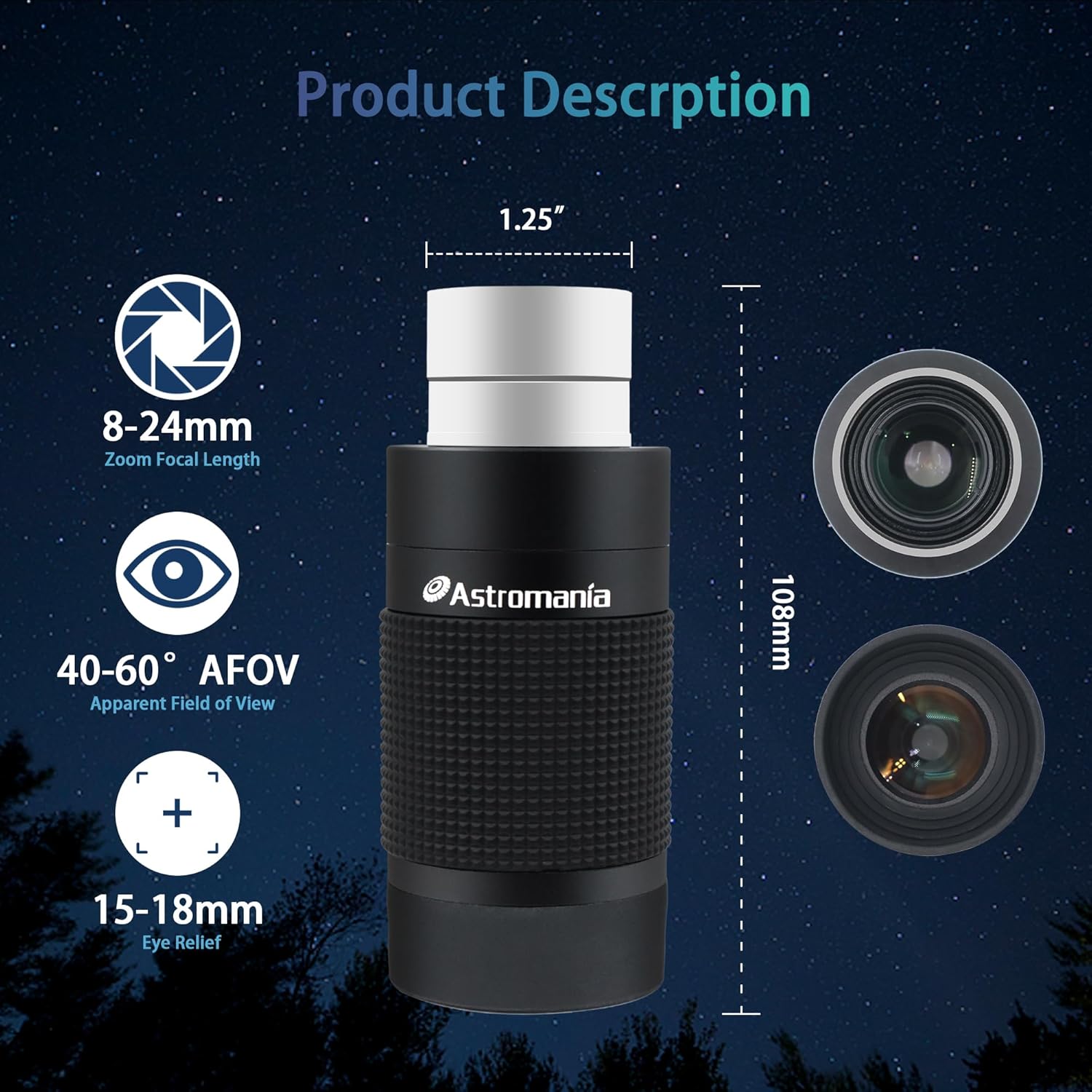 Astromania Telescope Eyepiece 25mm, Wide Angle 58 Degree - Bundle with - Zoom Eyepiece for Telescope 8-24mm