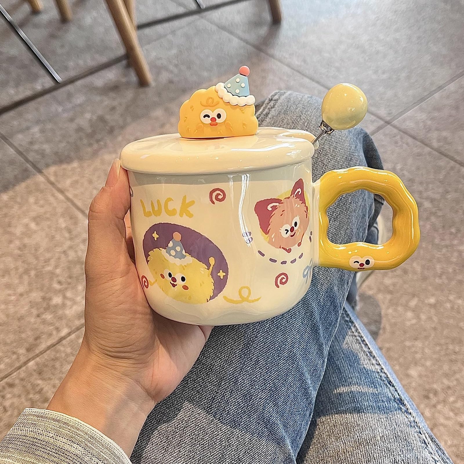 Cartoon 12oz Insulated Water Bottle, Insulated Tumbler, Tumbler, Elephant Print, Latte, Hot Tea, Cocoa Coffee Cup with Lid, Cute Yellow Ceramic Mug for Women, Mom, Girlfriend, Long Life (Yellow)