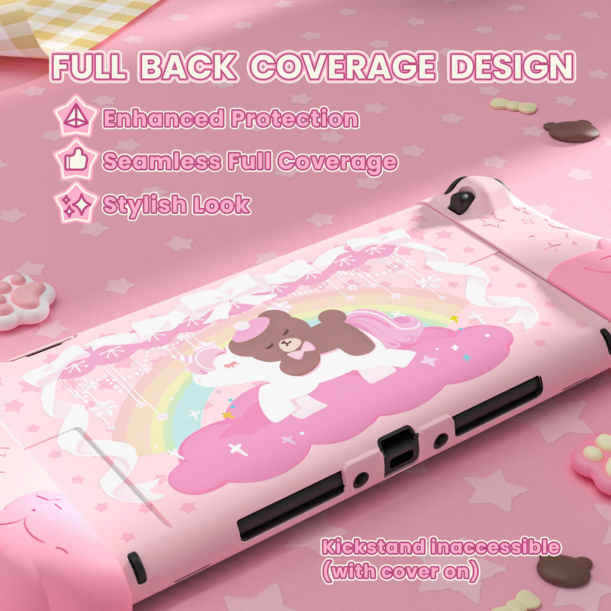 playvital Cover Dockable Rigida per Nintendo Switch 2 Console, Custodia Protettiva Silicone per Joycon 2&Supporto Regolabile Extra&Copri Analogici, Accessori Carini, Buonanotte Orso-Rosa