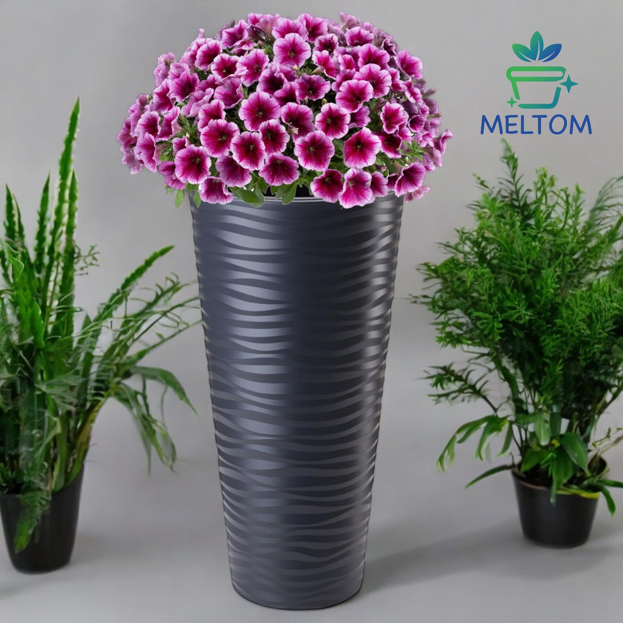 Vaso per piante XXL, forma rotonda allungata, effetto 3D, ondulato, colore: grigio antracite, con inserto rimovibile, diametro x altezza: 35 x 68,5 cm
