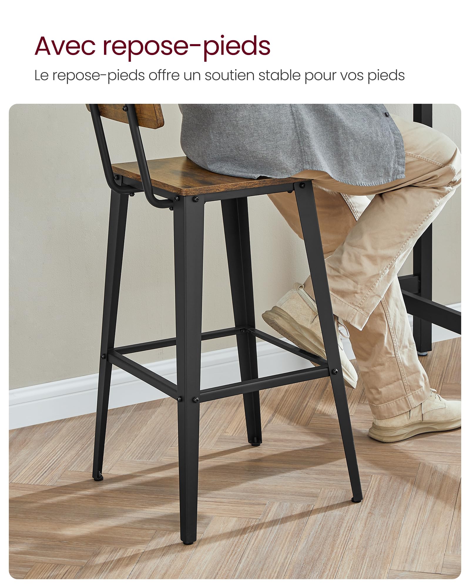VASAGLE Tabouret Bar Industriel, Lot de 2, Chaise Bar Cuisine, avec Dossier, Cadre en Acier, Montage Facile, Style Industriel, Marron Rustique et Noir d'encre LBC078B01
