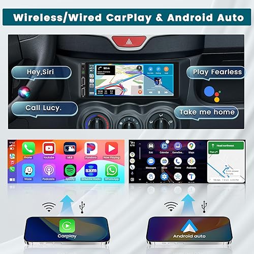 Miniatura 2 de Hikity Estéreo de coche de 6.9 pulgadas de un solo DIN con Carplay inalámbrico Android Auto 1DIN pantalla táctil Radio de coche con Bluetooth 5.0