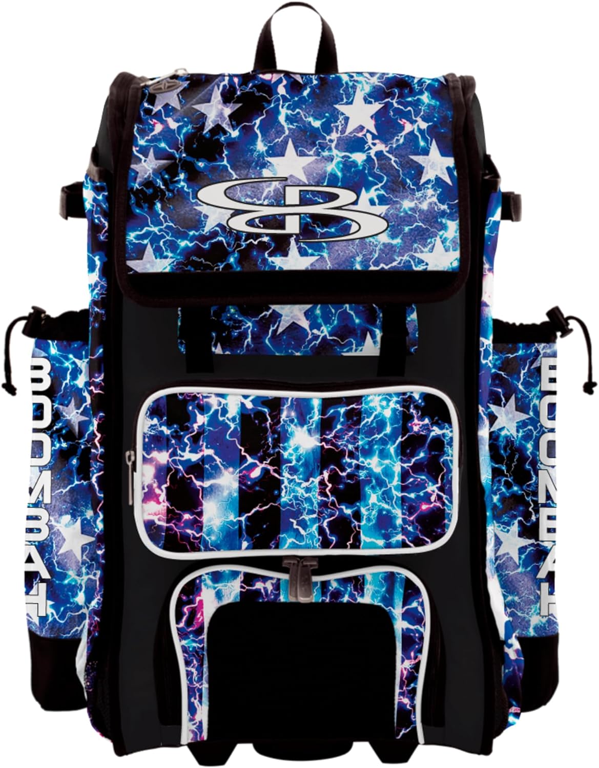Boombah Rolling Catchers Superpack Bat Bag - 23-1/2" x 13-1/2" x 9-1/2" - Telescopic Handle - Holds 4 Bats - Wheeled Version - USA Banner Black/Royal Blue/White