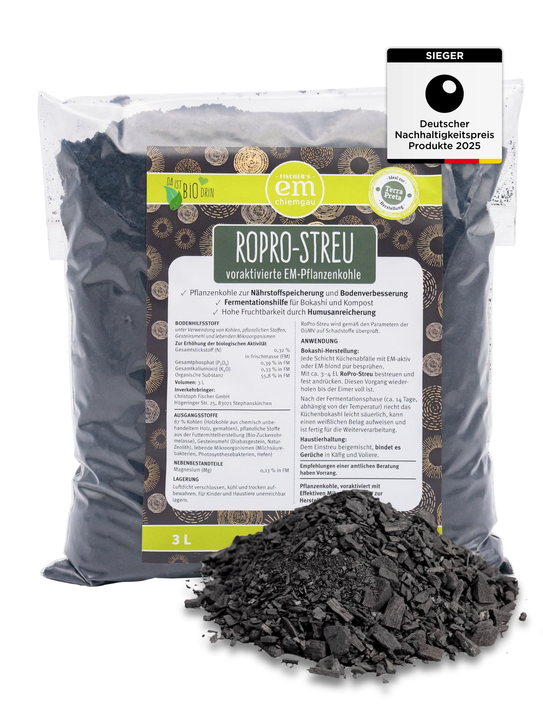 EM-Chiemgau RoPro-Streu - Carbón vegetal (3 L, activador de raíces, activador de suelo y acelerador de compostaje [preactivado con microorganismos efectivos] para Terra Preta, Bokashi, desarrollo de