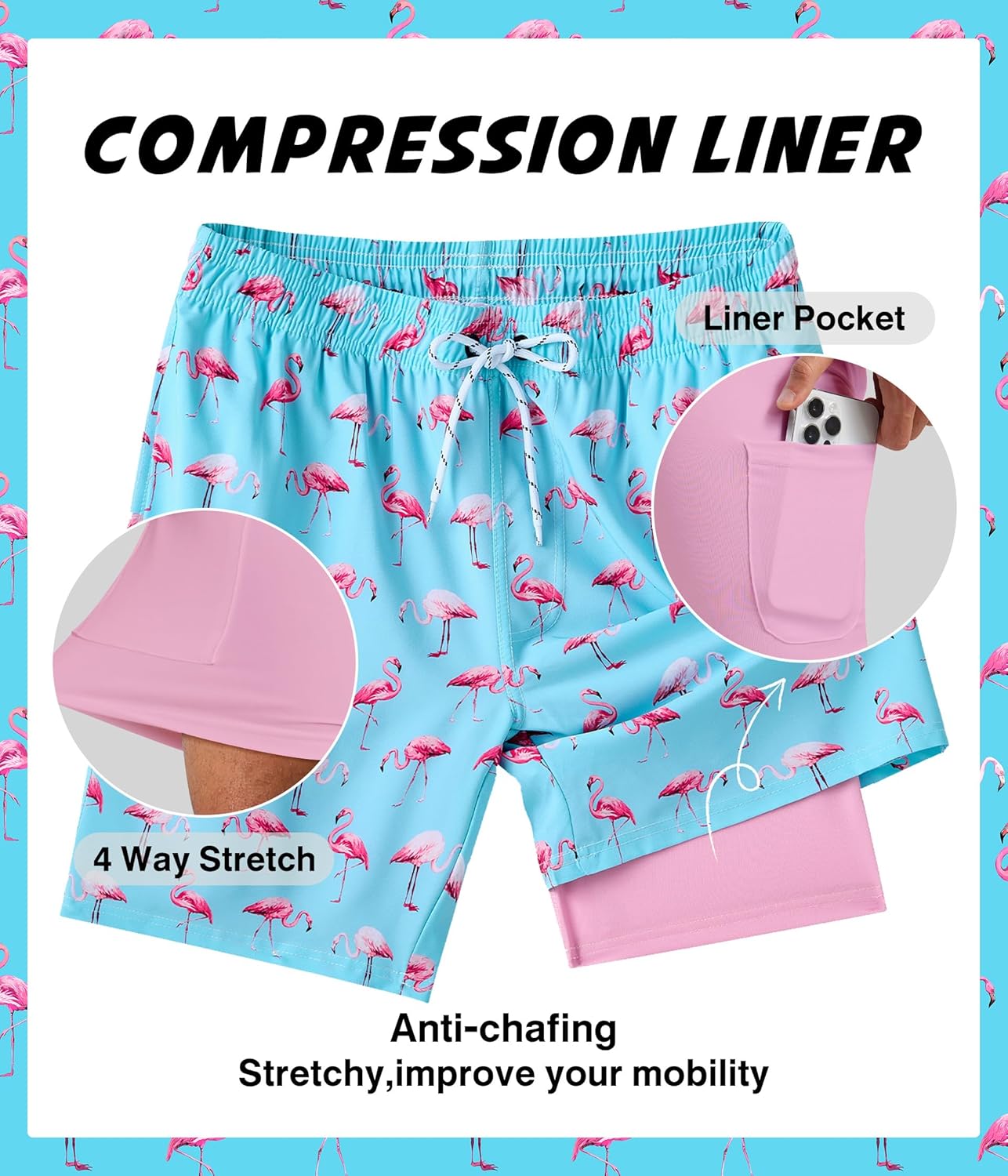 Mens Swim Trunks with Compression Liner 7 Inch Swim Trunks Quick Dry Surfing Beach Shorts Hawaii Sports Shorts - Image 4