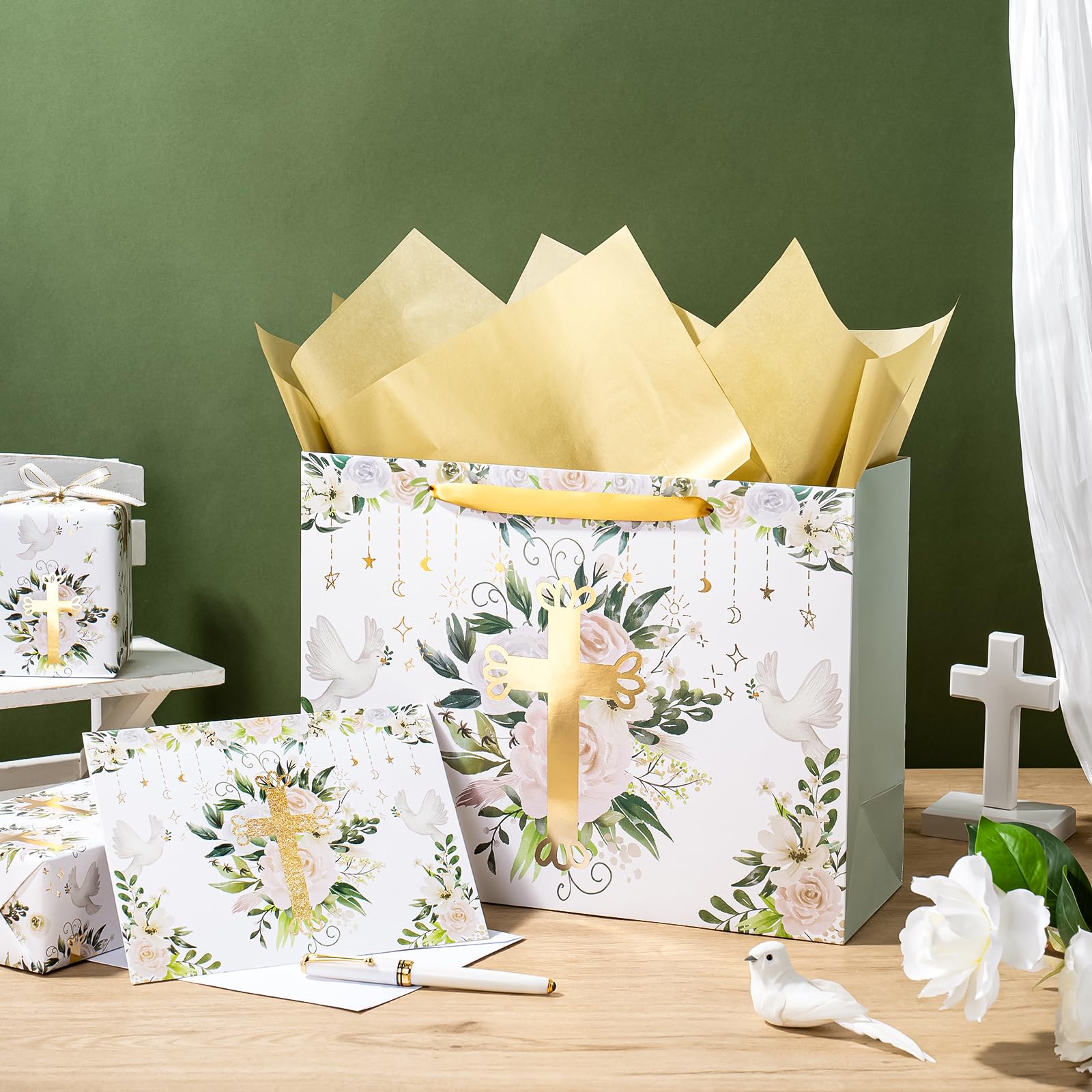 WRAPAHOLIC 13" Large Religious Gift Bag with Card and Tissue Paper - Gold Foil Floral Cross Design for First Communion, Easter, Baby Baptisms, Christenings