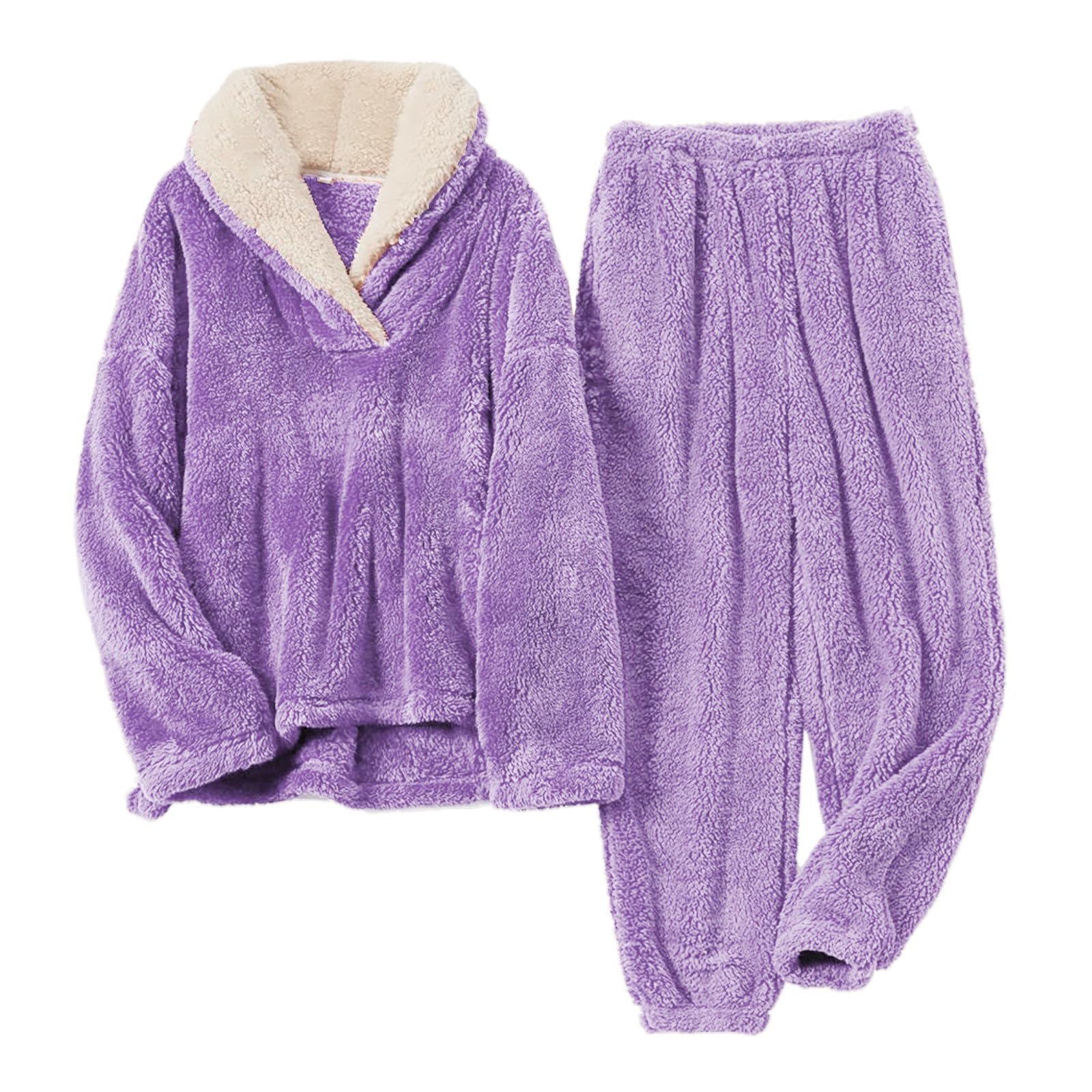 Conjunto de ropa de descanso para mujer, de forro polar, pijama esponjoso para mujer, talla grande, cuello en V, con cuello, suéter de franela, grueso, térmico, de dos piezas, cómodo, ropa de dormir