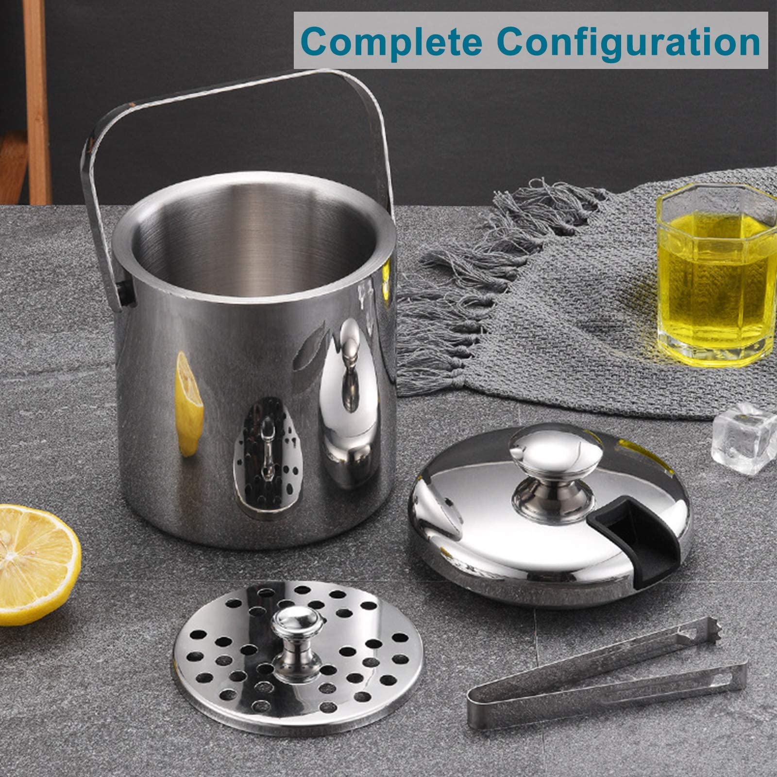 Cubo de hielo con tapa, alicates de hielo y molde de silicona para cubitos de hielo de 1.3 L, pequeño cubo de hielo de acero inoxidable, recipiente de hielo, para bar en casa, champán, vino