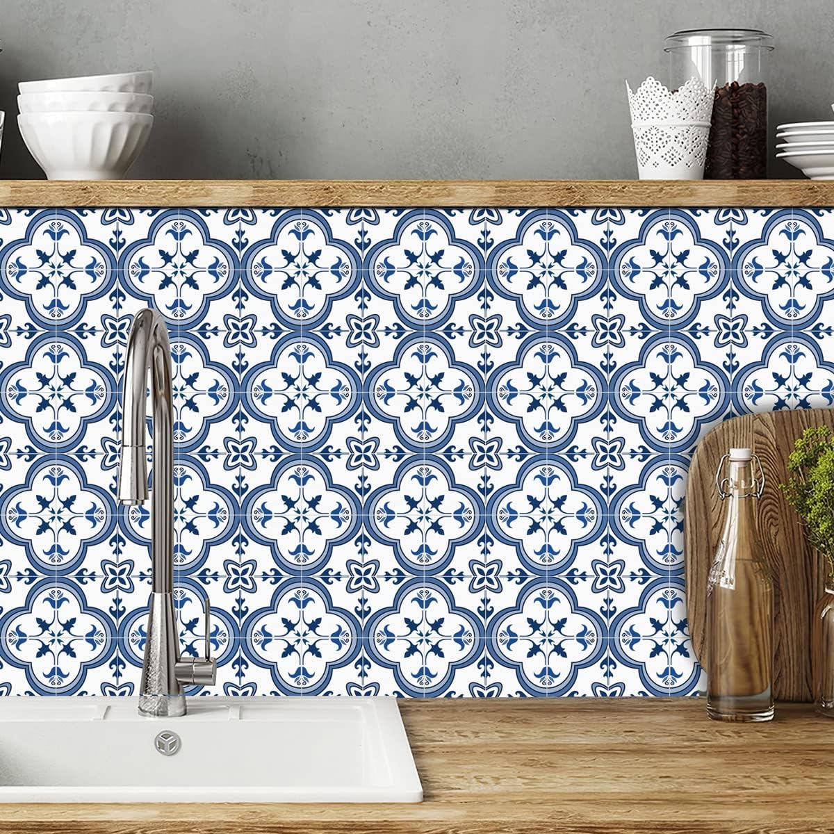 Blue-White Peel and Stick Wallpaper Tile Stickers 6x6 in, 2D Vinyl Decorative Backsplash Tiles for Kitchen, Bathroom, Laundry, Shower Decor